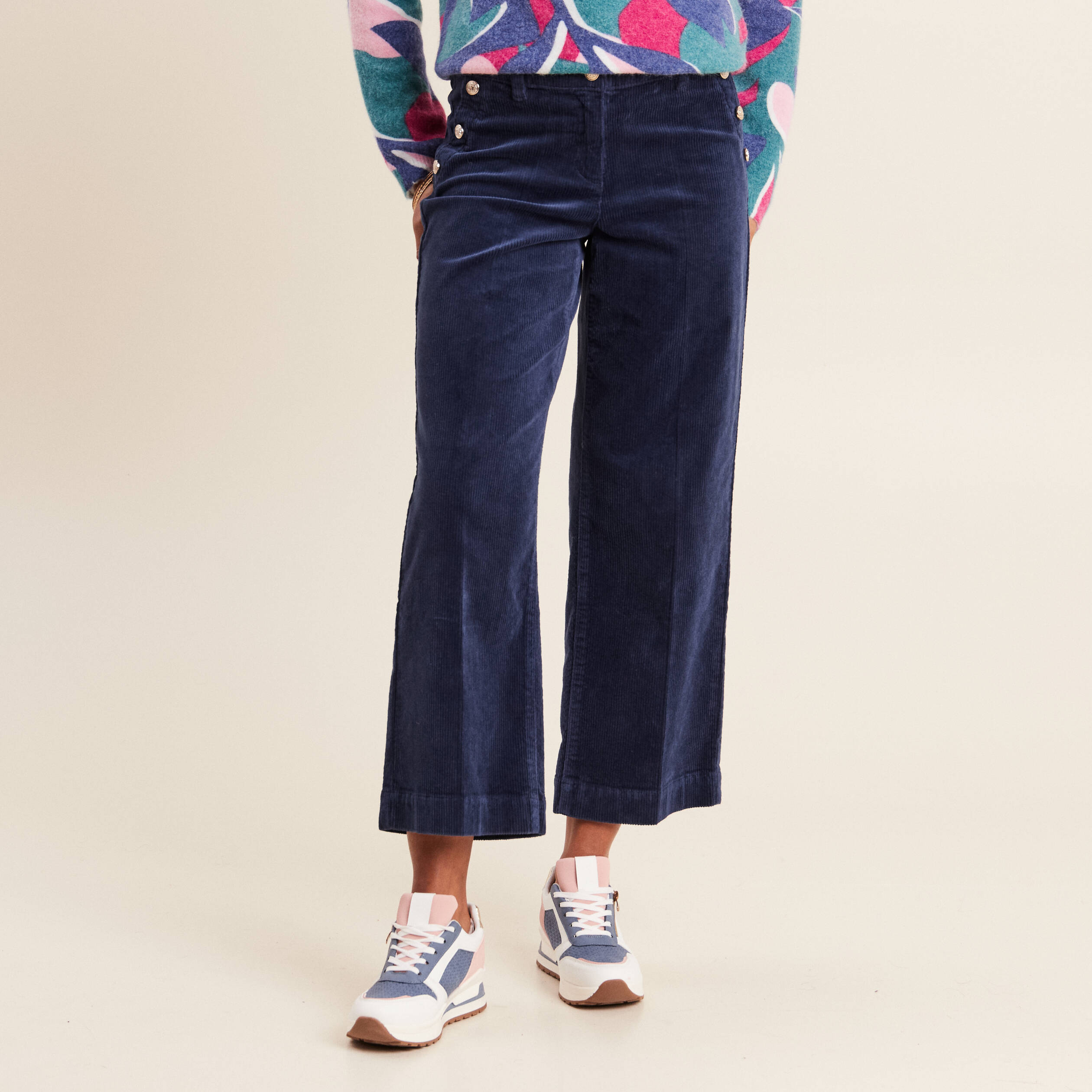 Pantalon large velours c&ocirc;tel&eacute; bleu marine femme