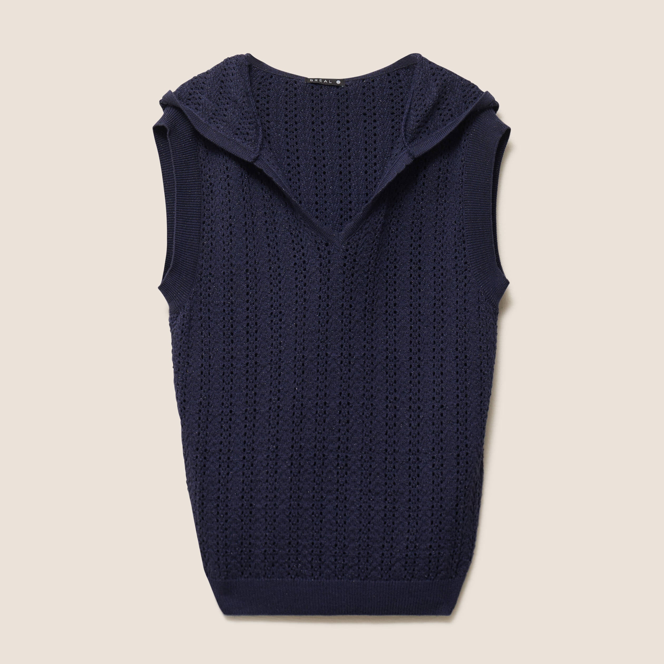 Pull droit sans manches &agrave; capuche bleu marine femme