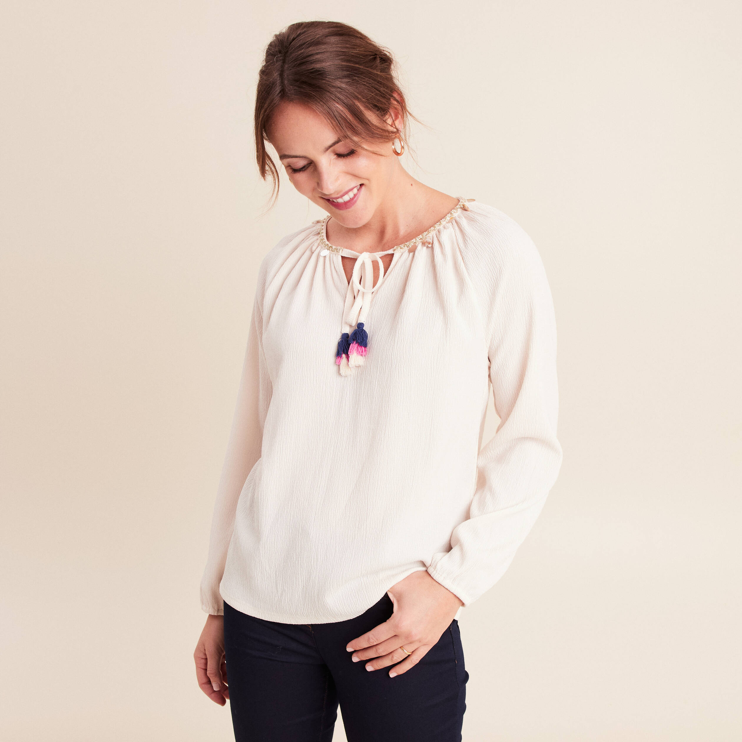 Blouse col tunisien manches longues ecru femme