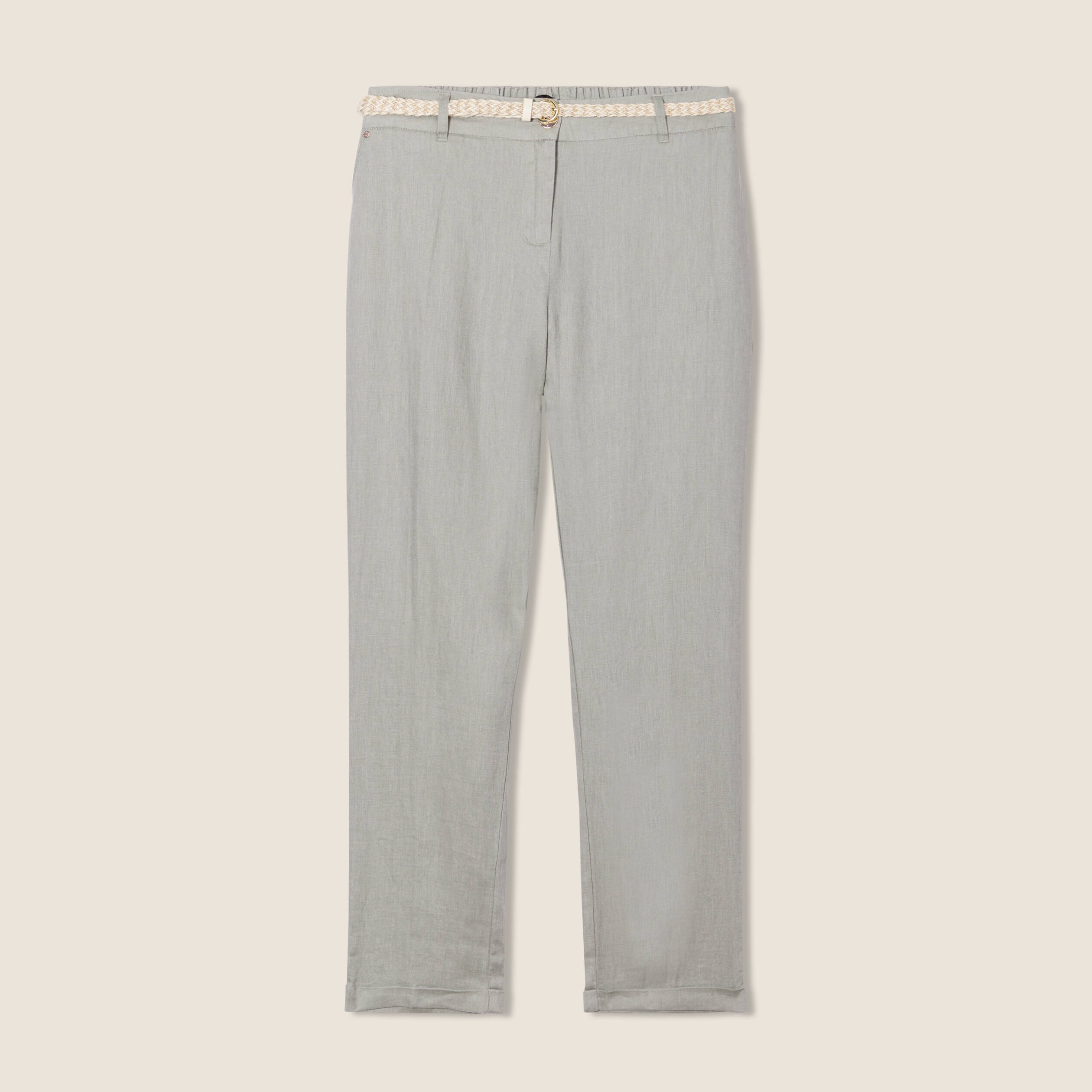 Pantalon coupe chino en lin ceintur&eacute; vert clair femme