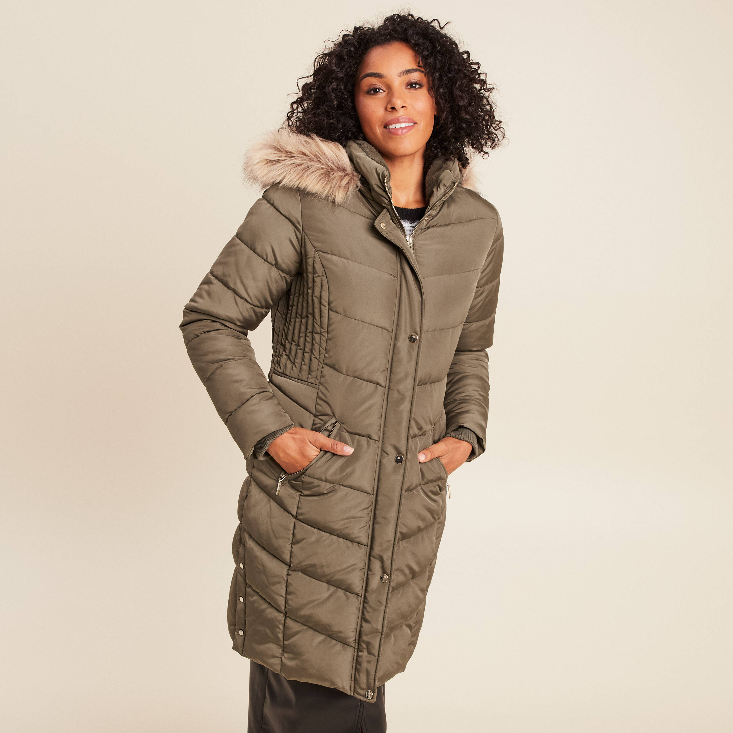 Doudoune déperlante longue à capuche vert kaki femme Vibs