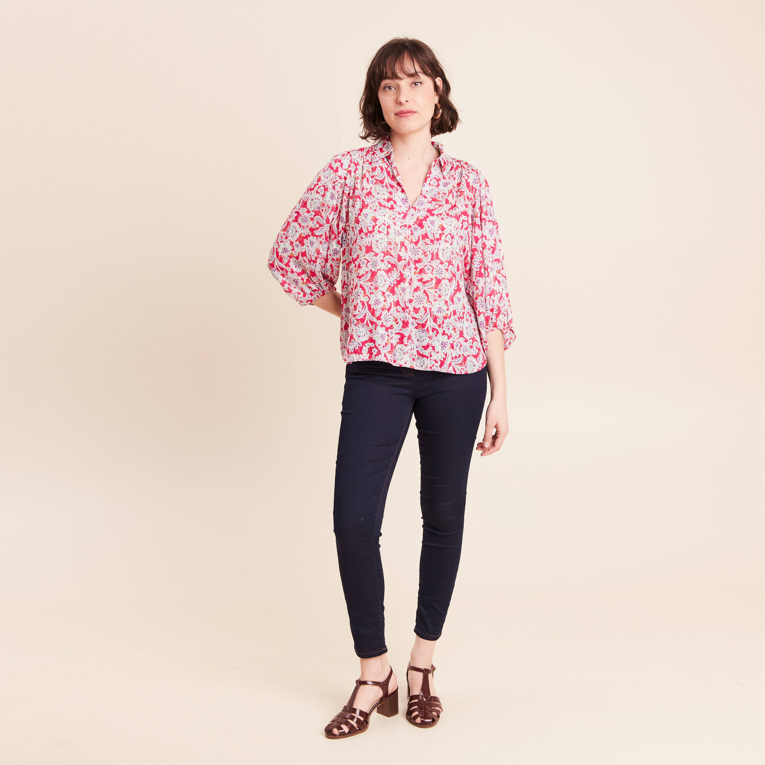 Blouse ample col chemise manches 3/4 rose femme