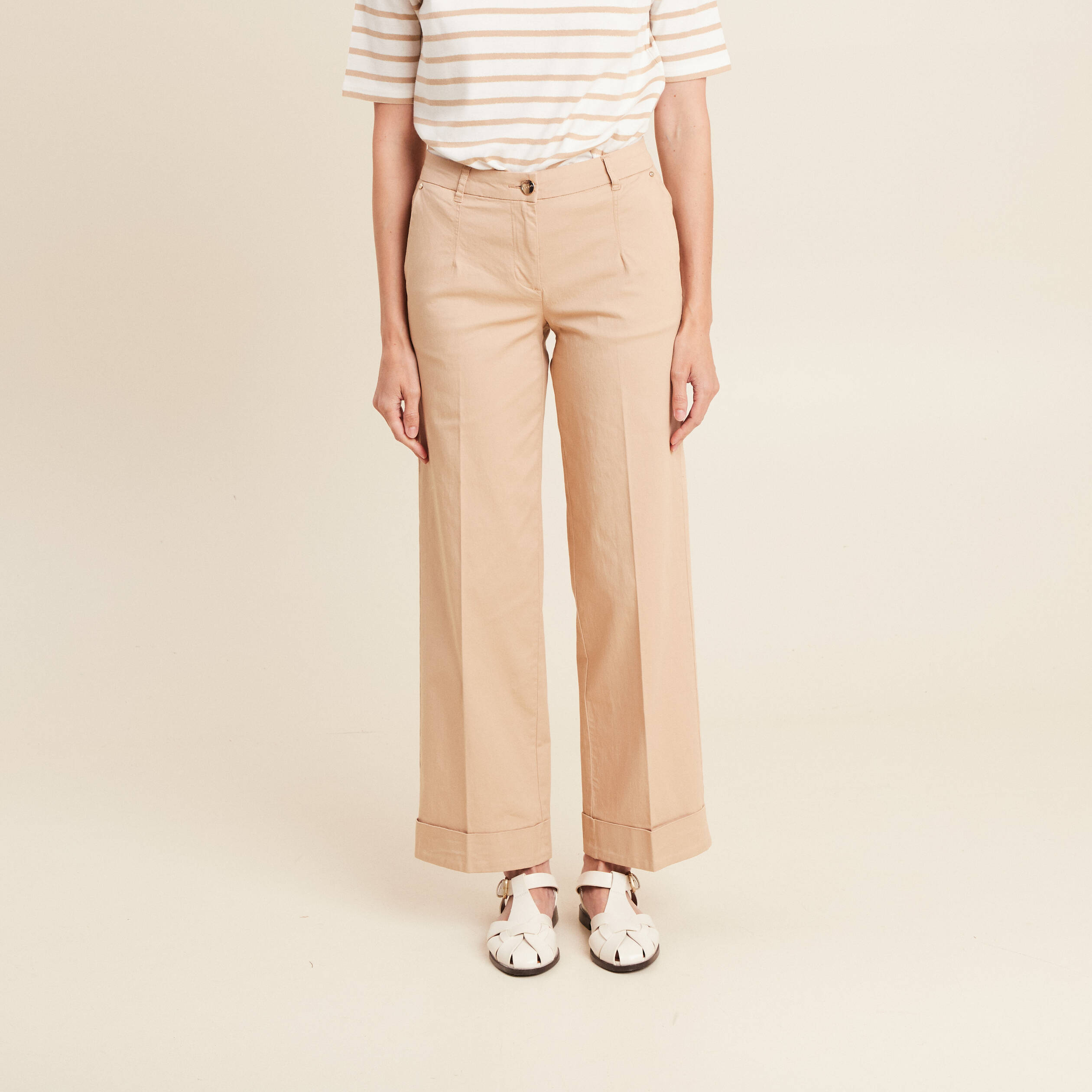 pantalon large taille basculee beige femme Pantalon large taille basculée beige femme