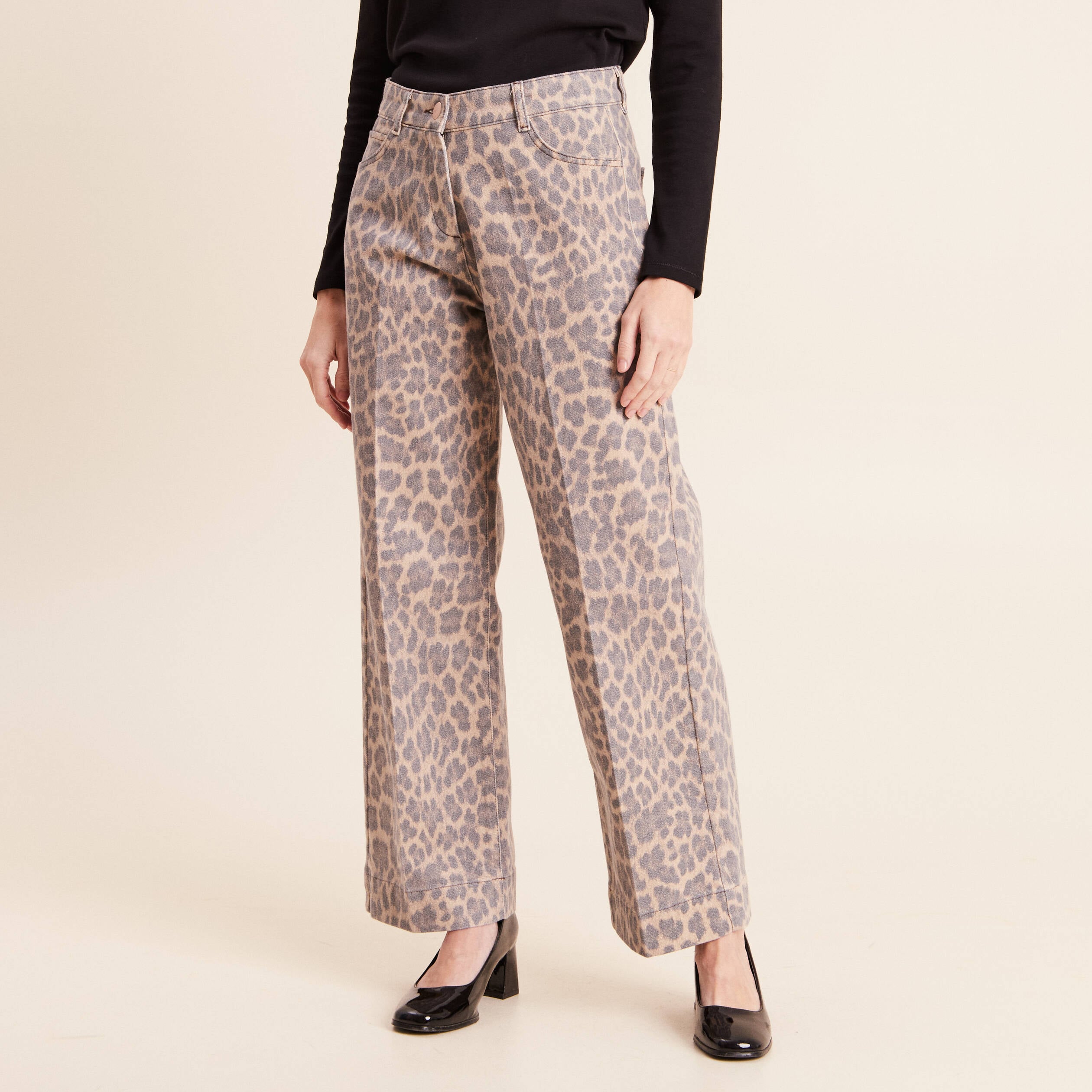 Pantalon taille haute coupe large marron femme