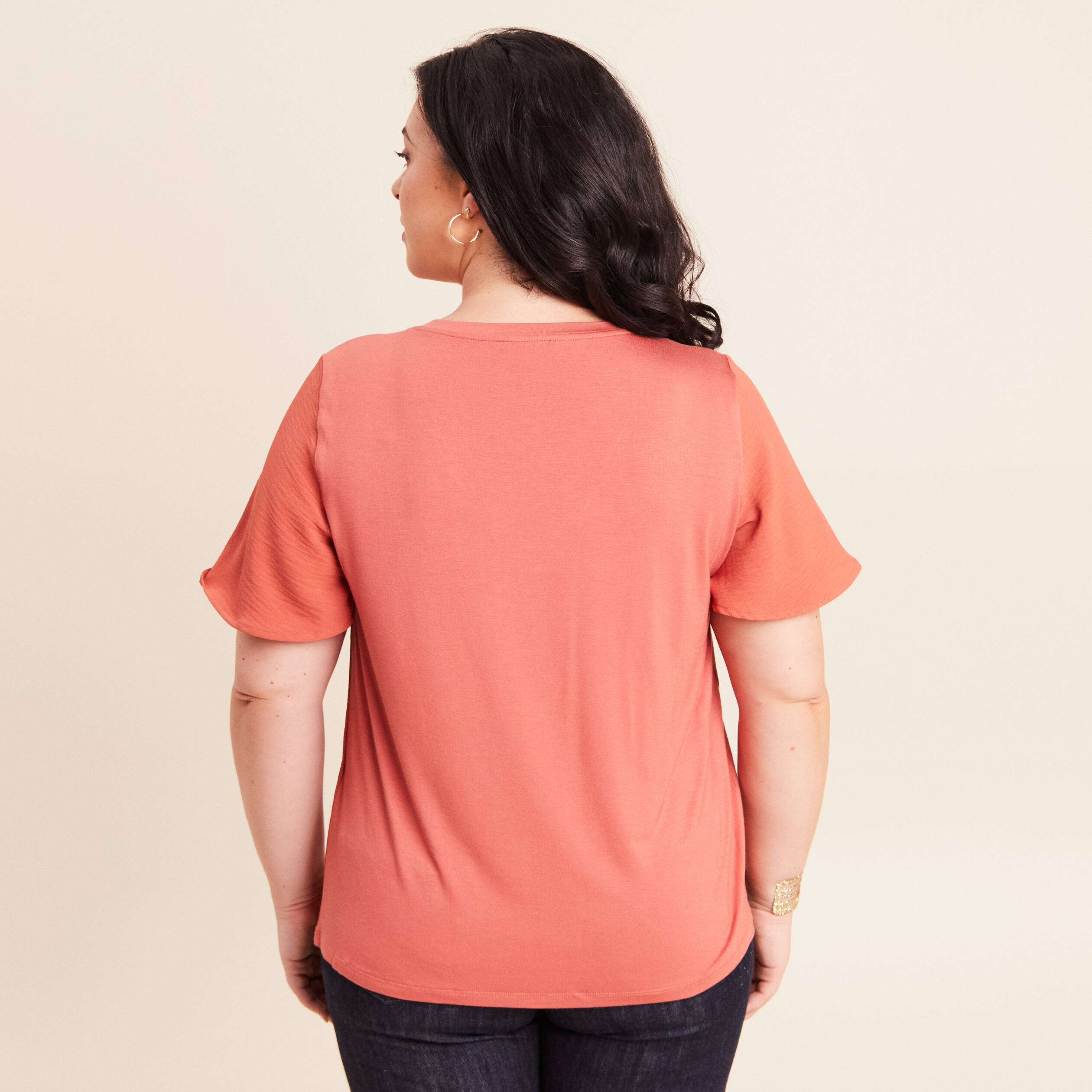 T-shirt bi-mati&egrave;re manches courtes vieux rose femme