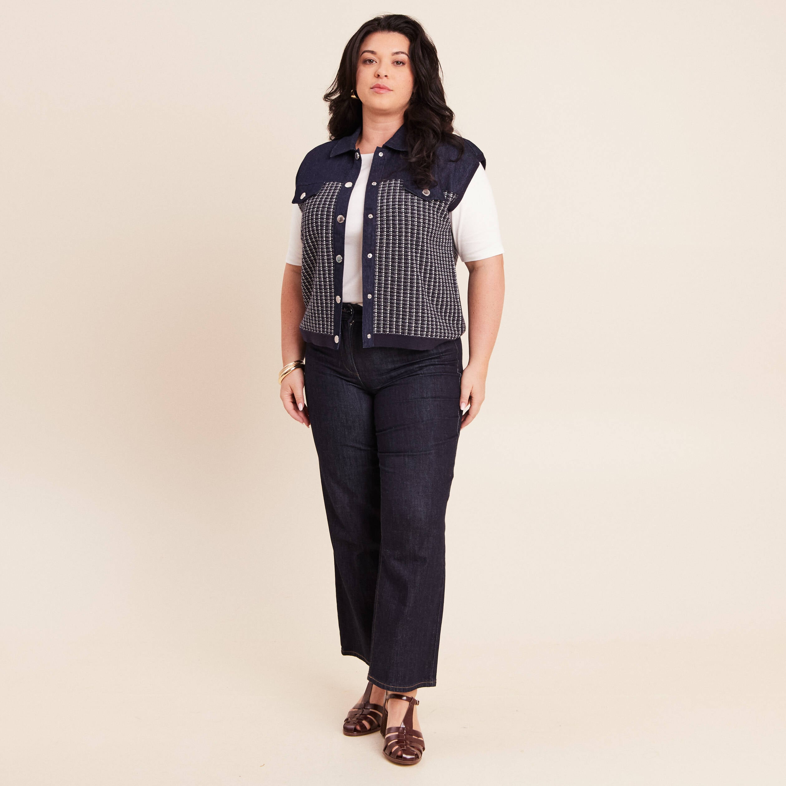 Veste sans manches col chemise bleu marine femme