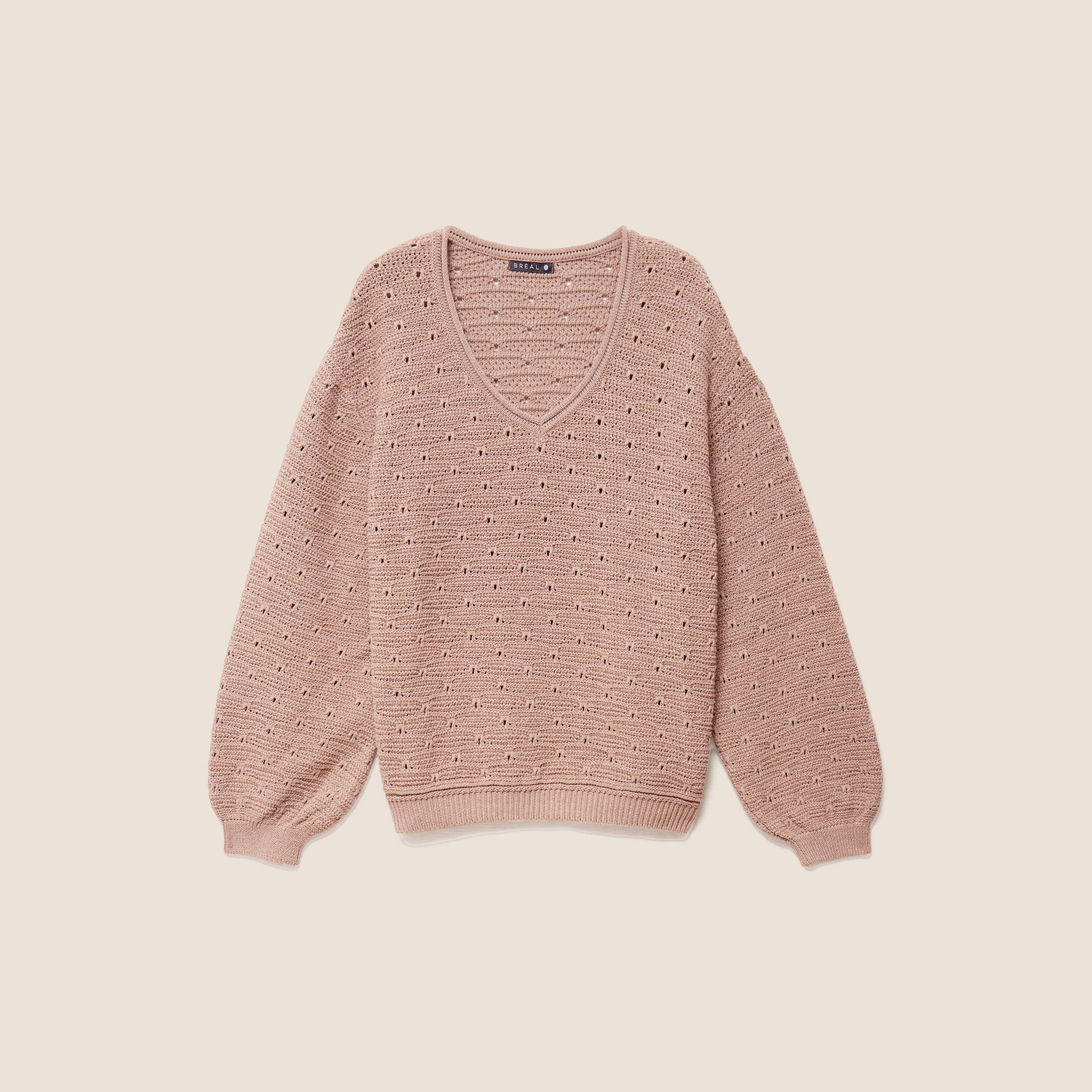 Pull droit long col v manches longues sable femme