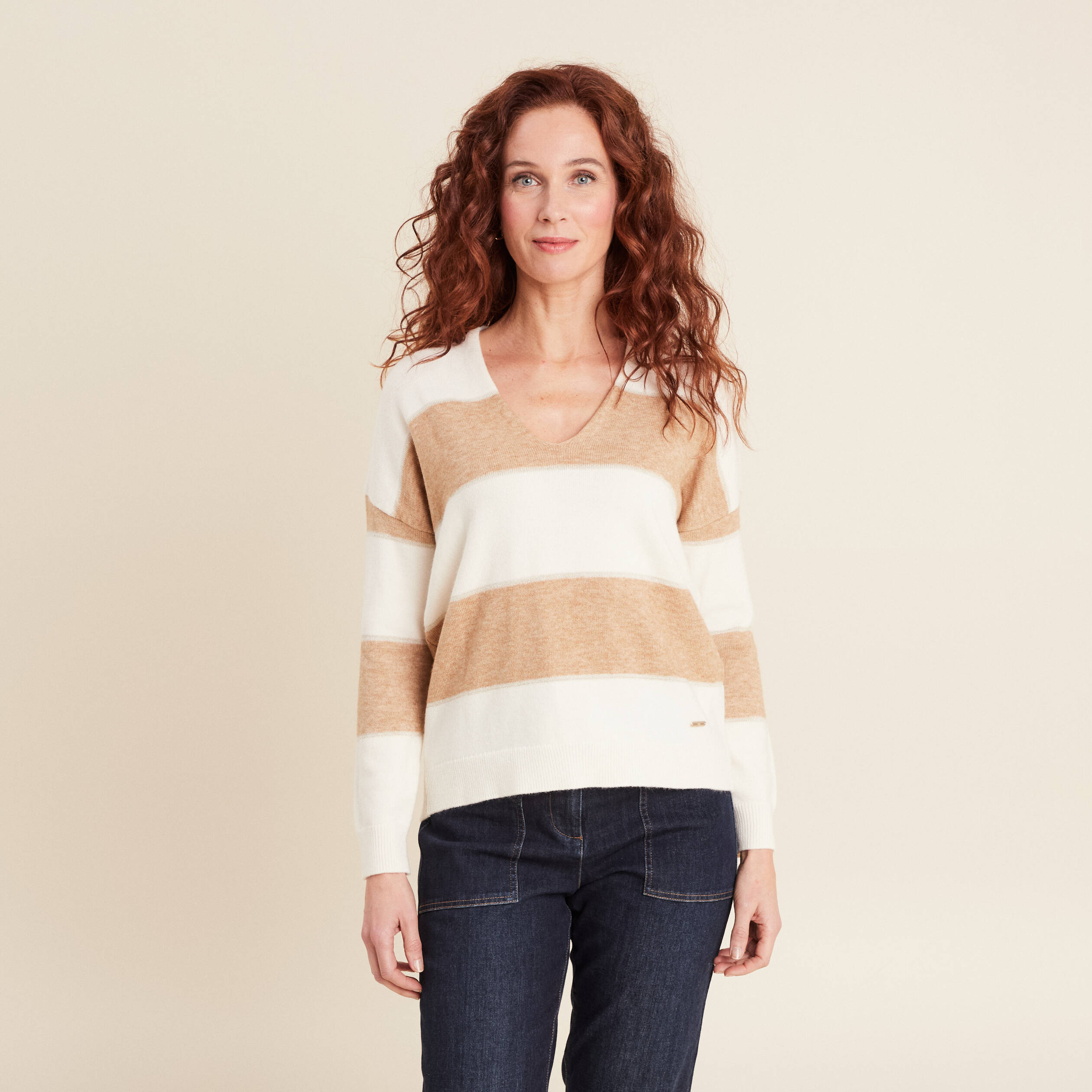 pull manches longues col en v sable femme Pull manches longues col en V sable femme