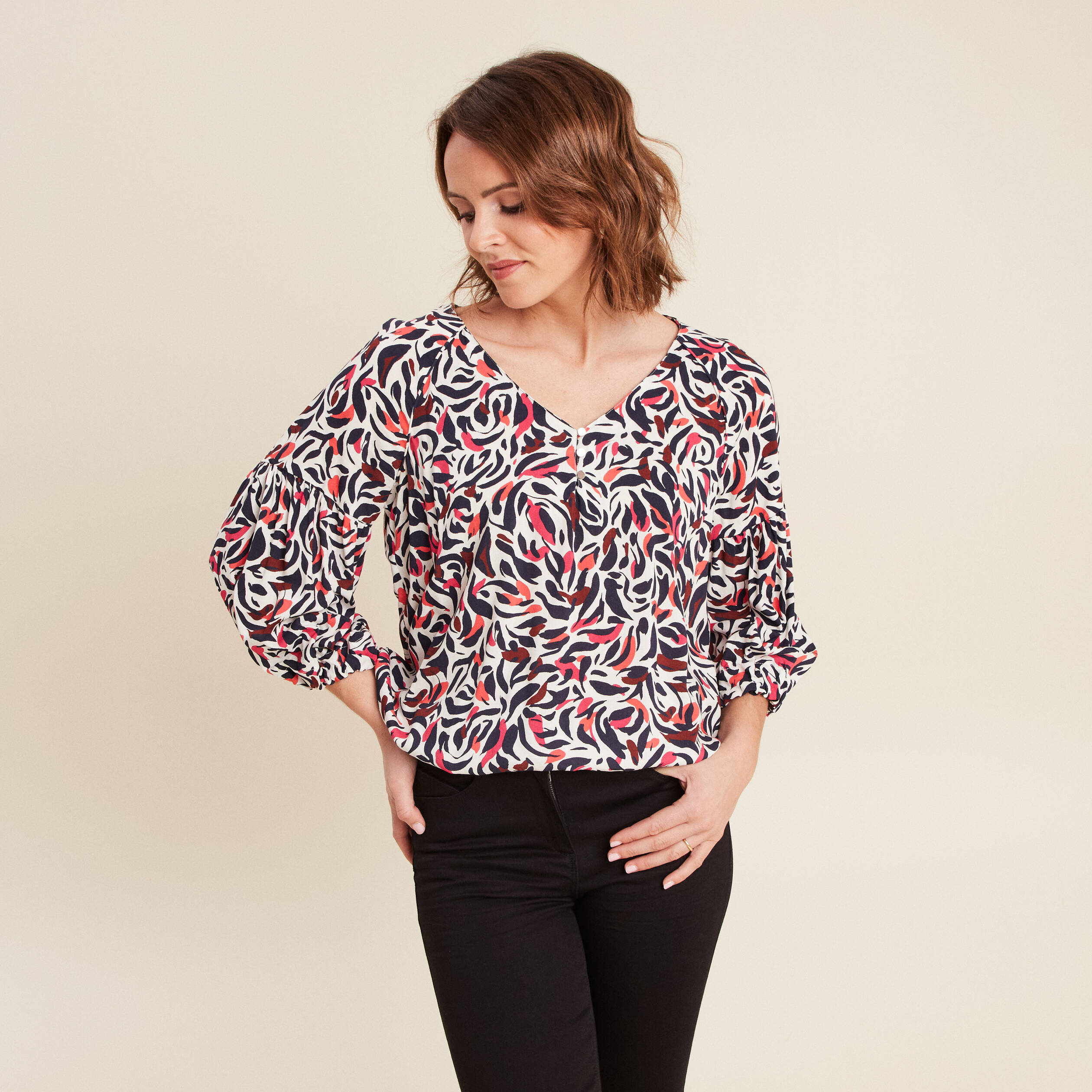 blouse manches 34 rose femme Blouse manches 3/4 rose femme