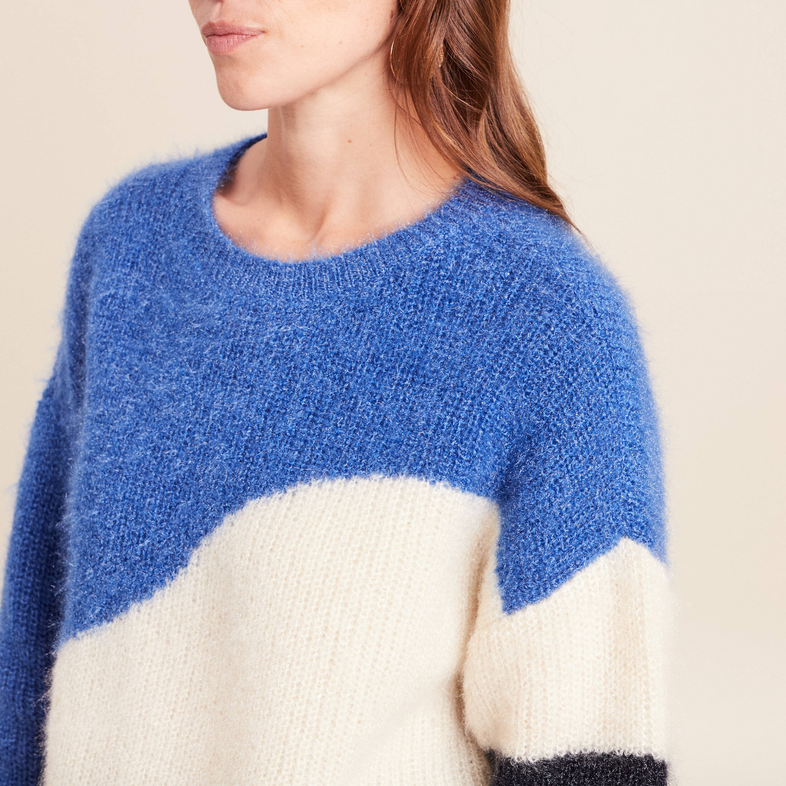 Pull col rond manches longues ecru femme