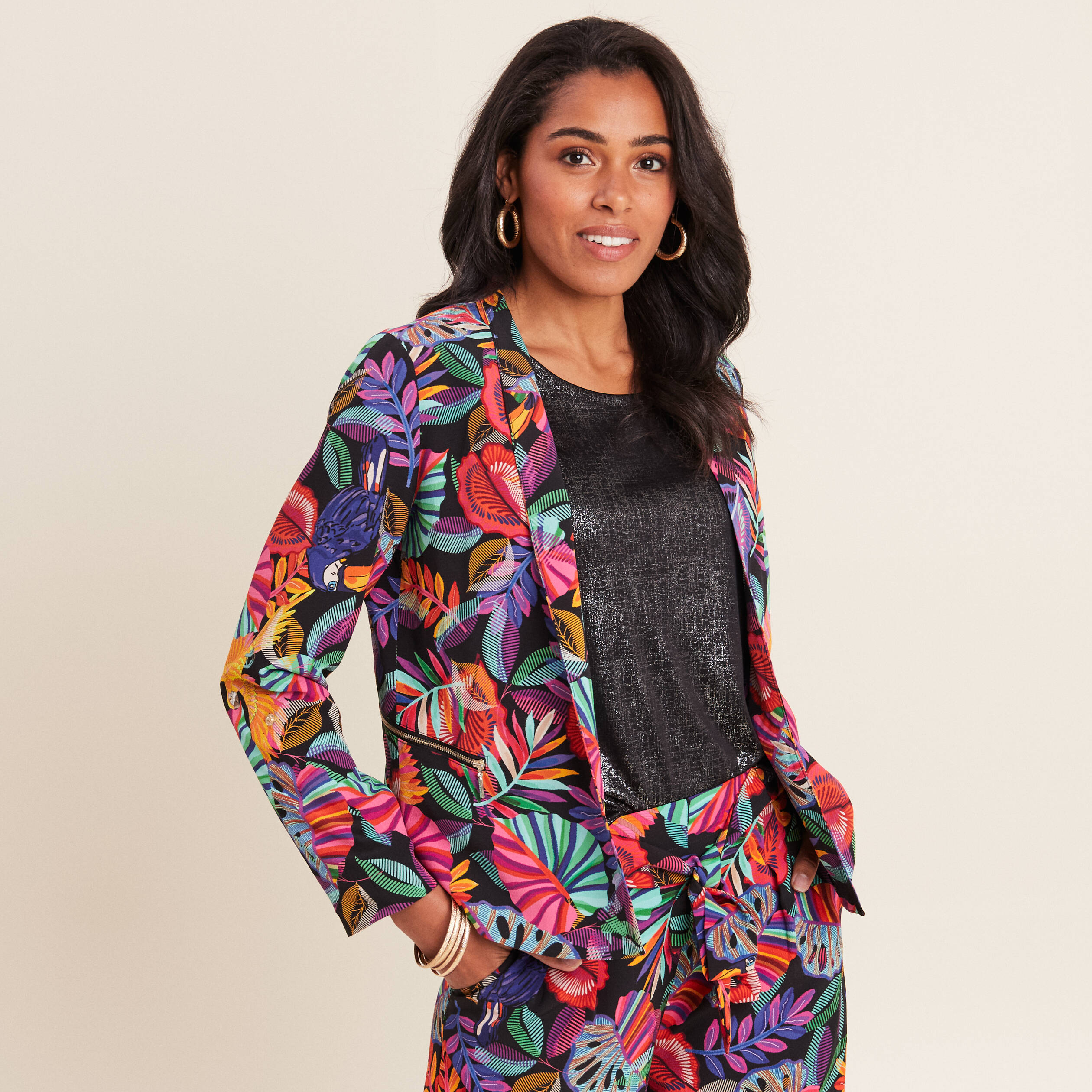 veste droite col chale multicolore femme Veste droite col châle multicolore femme