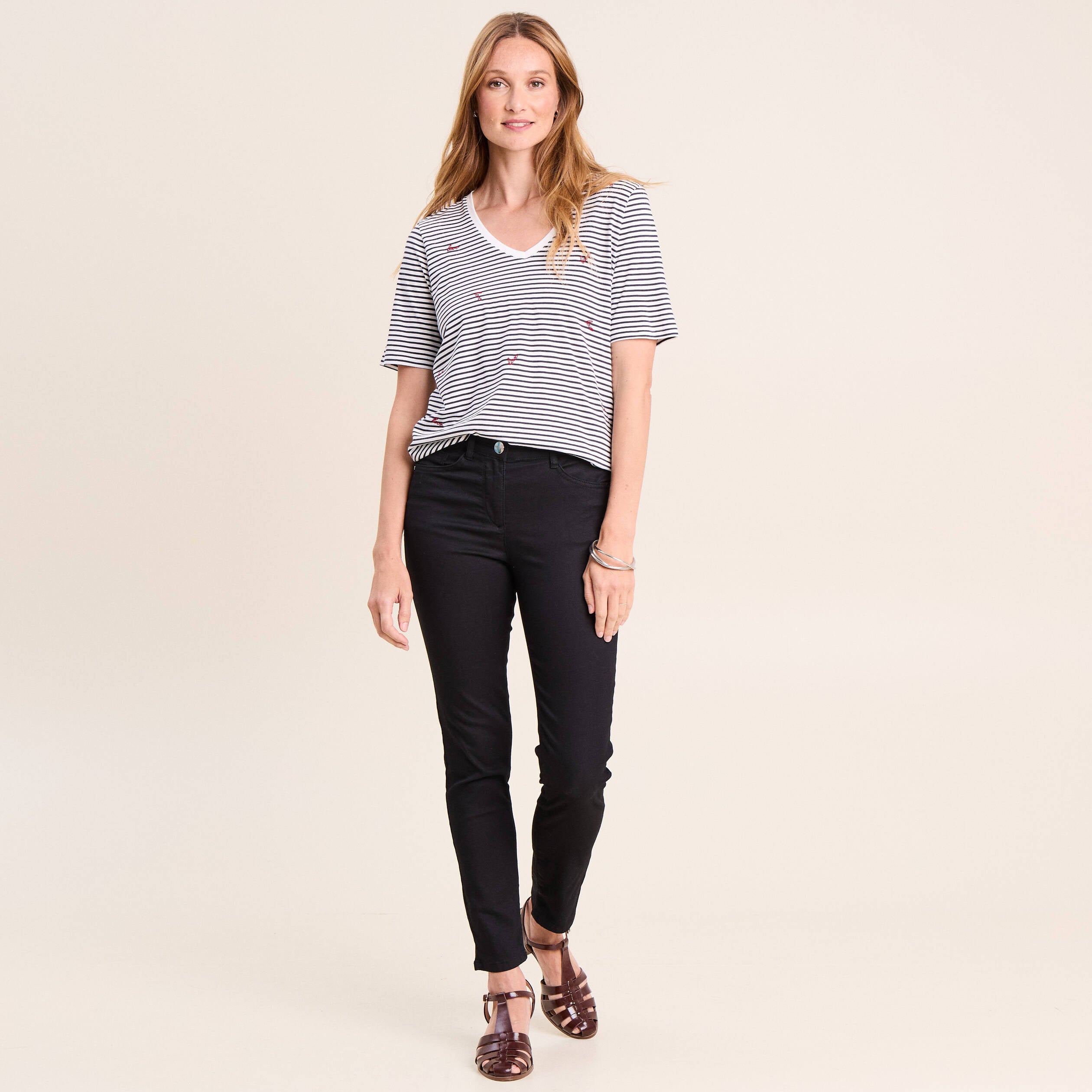 T-shirt droit broderie manches courtes bleu femme