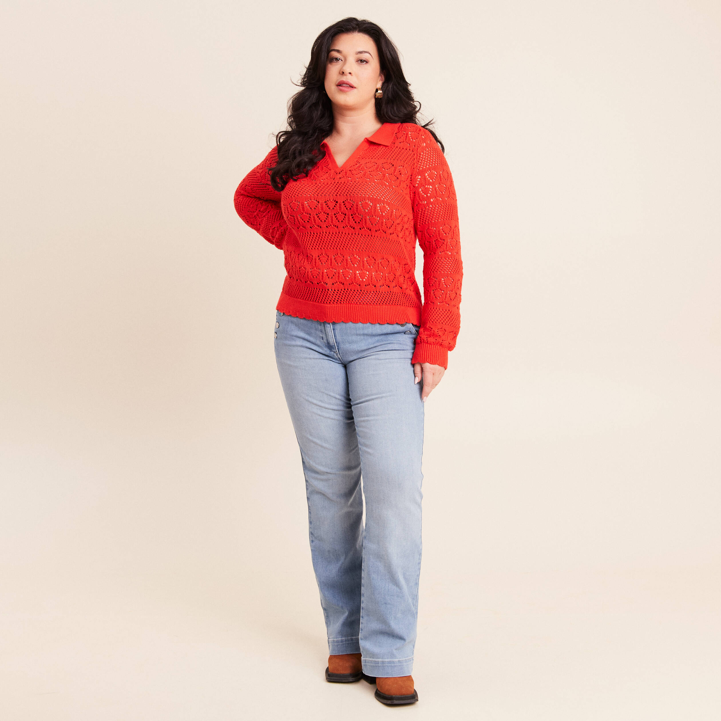 Polo d&eacute;tails ajour&eacute;s orange fonc&eacute; femme