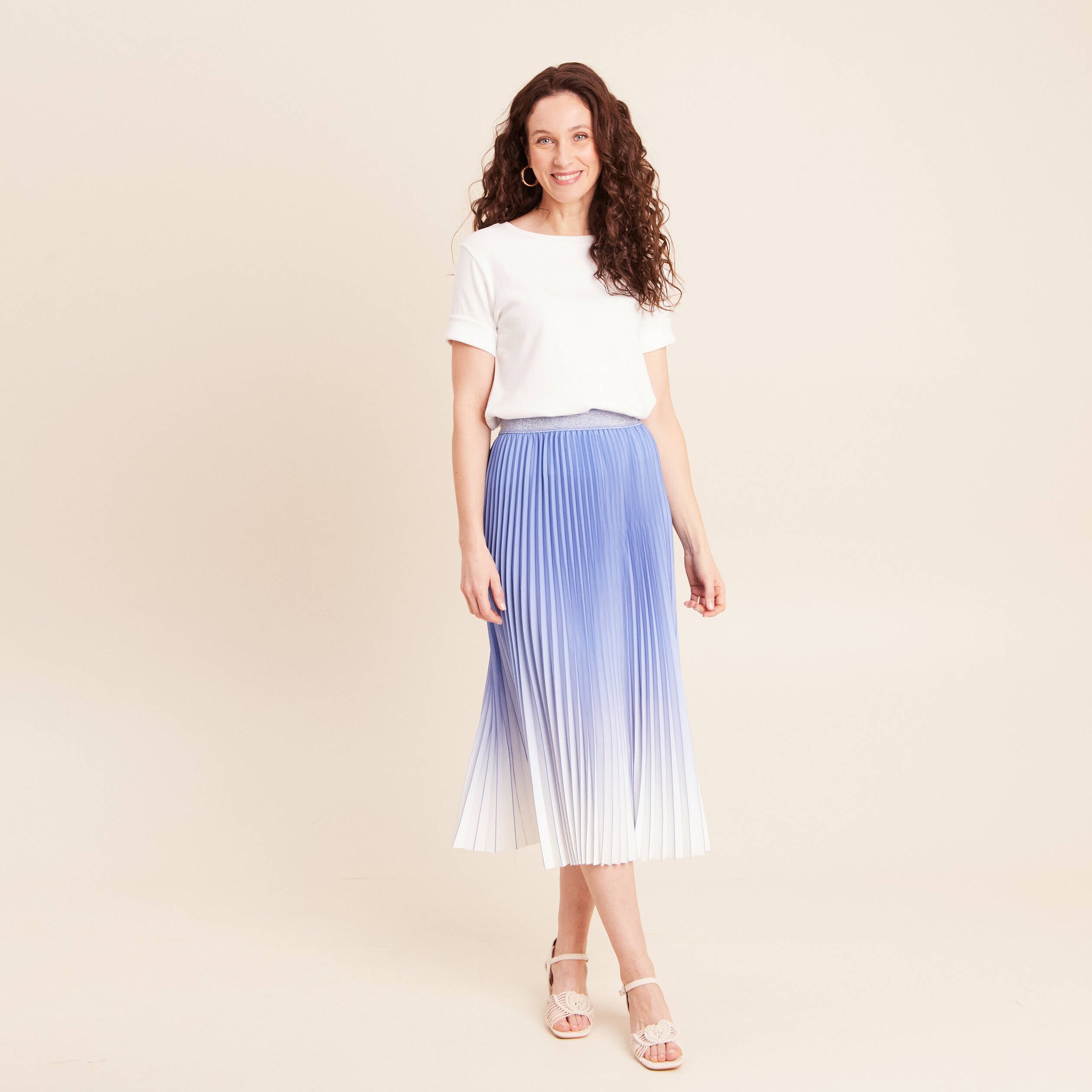 Jupe midi patineuse pliss&eacute;e bleu femme
