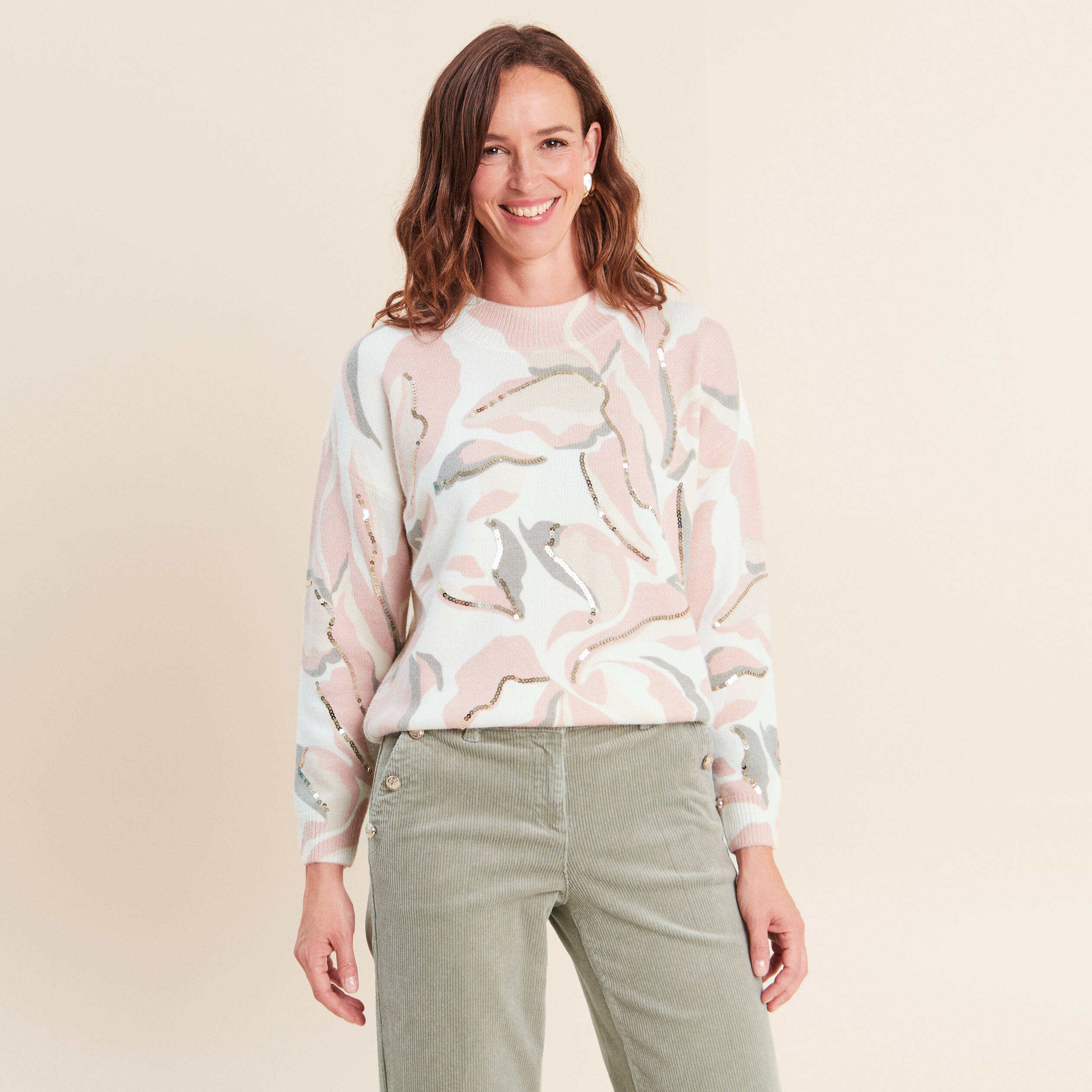 Pull col rond &agrave; sequins rose femme