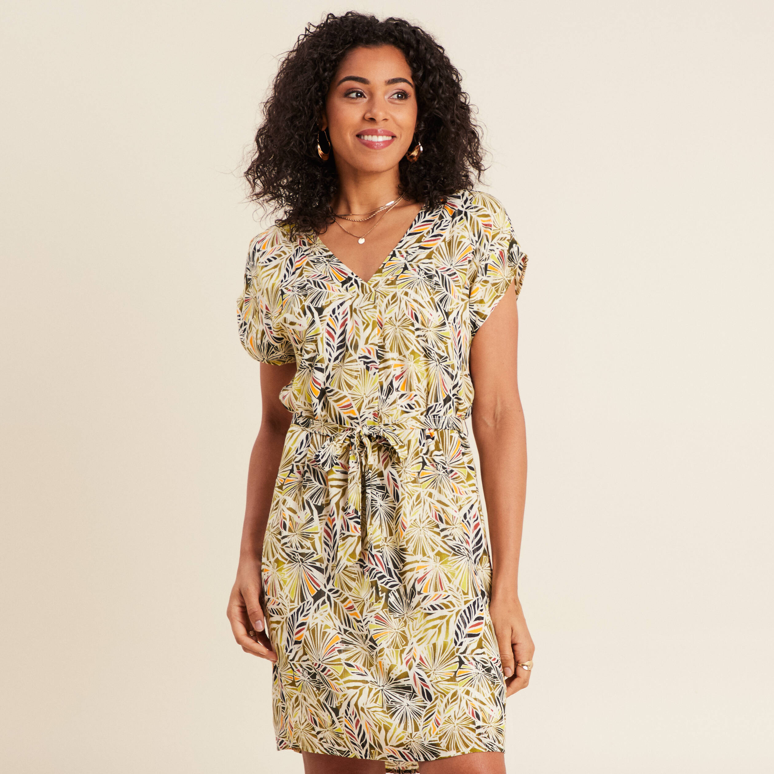 robe droite fluide col en v vert femme Robe droite fluide col en V vert femme