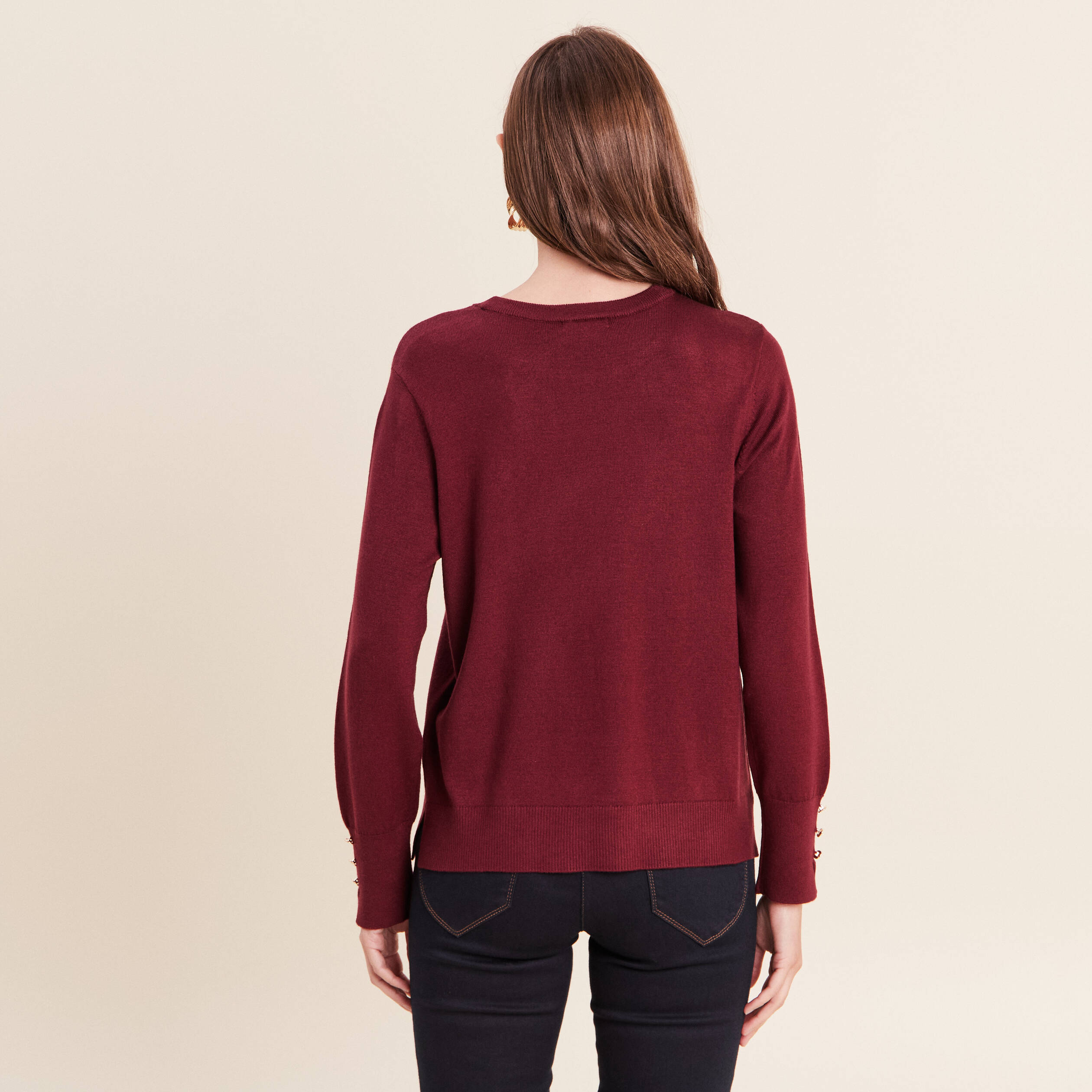 Pull droit col rond manches longues bordeaux femme