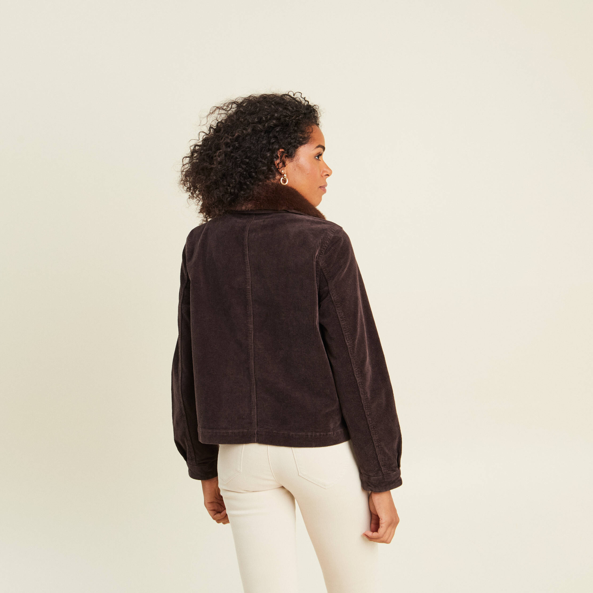Blouson droit velours manches longues marron fonc&eacute; femme