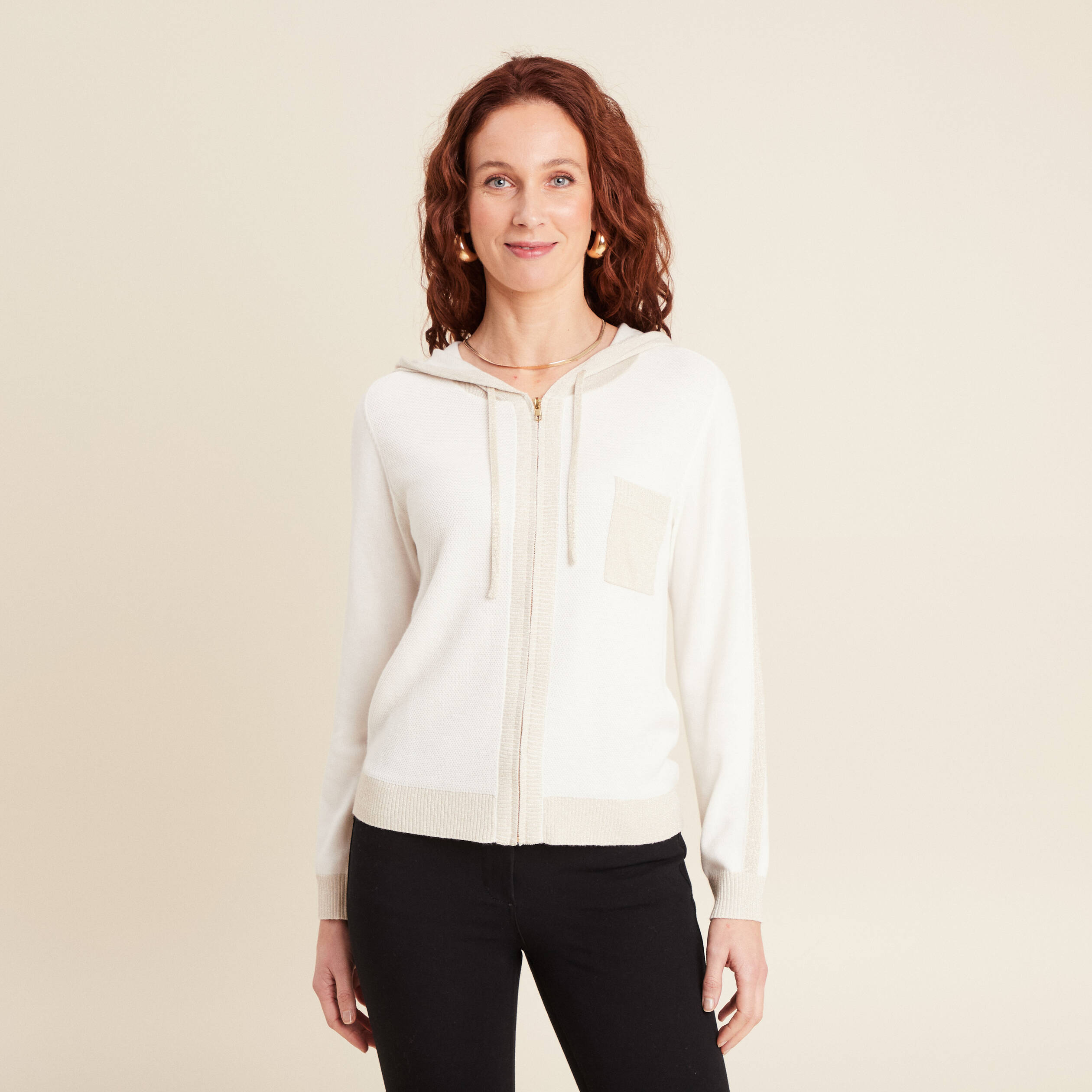 gilet a capuche zippe ecru femme Gilet à capuche zippé ecru femme