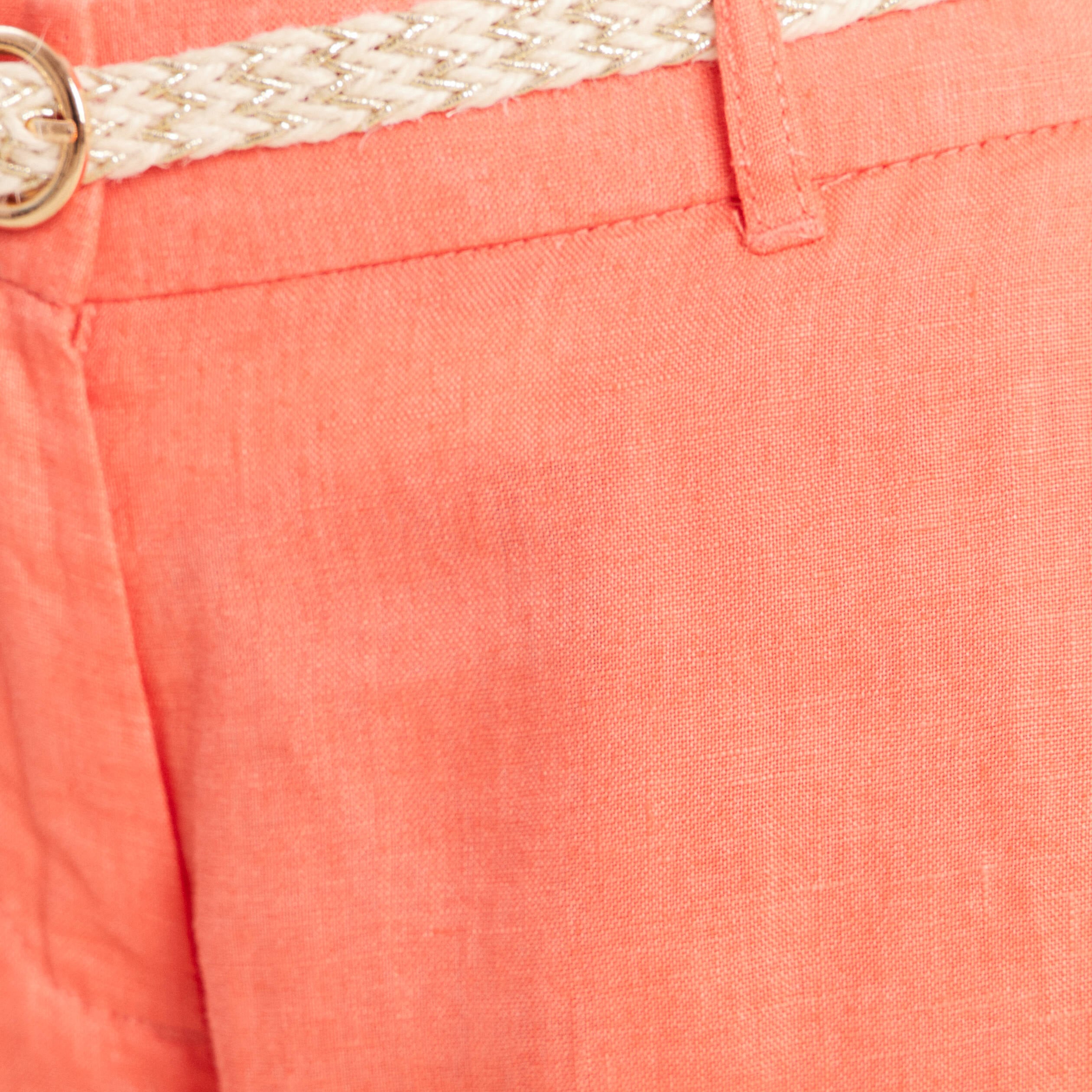 Pantalon coupe chino en lin ceintur&eacute; orange fluo femme