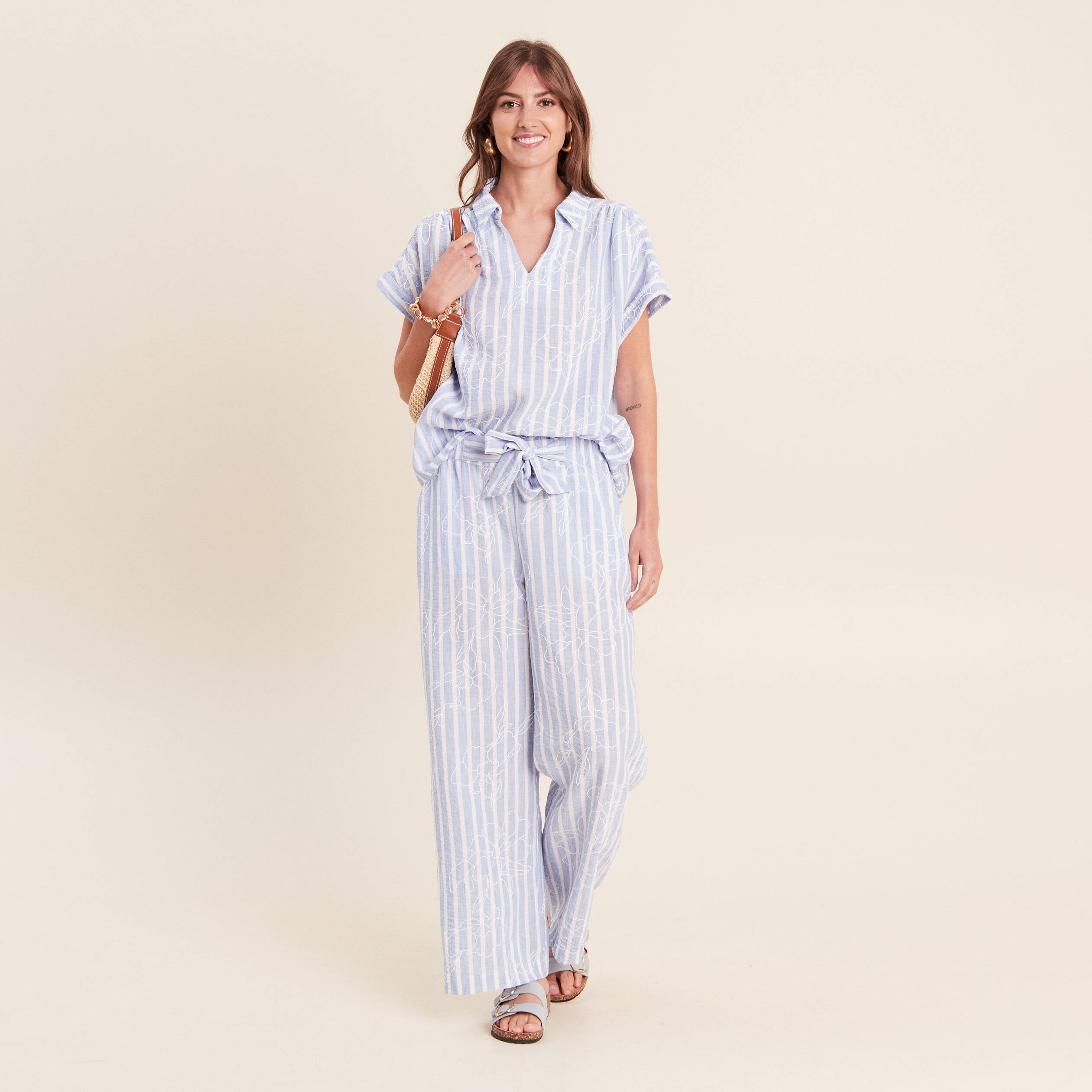 Blouse ample col chemise manches courtes bleu femme