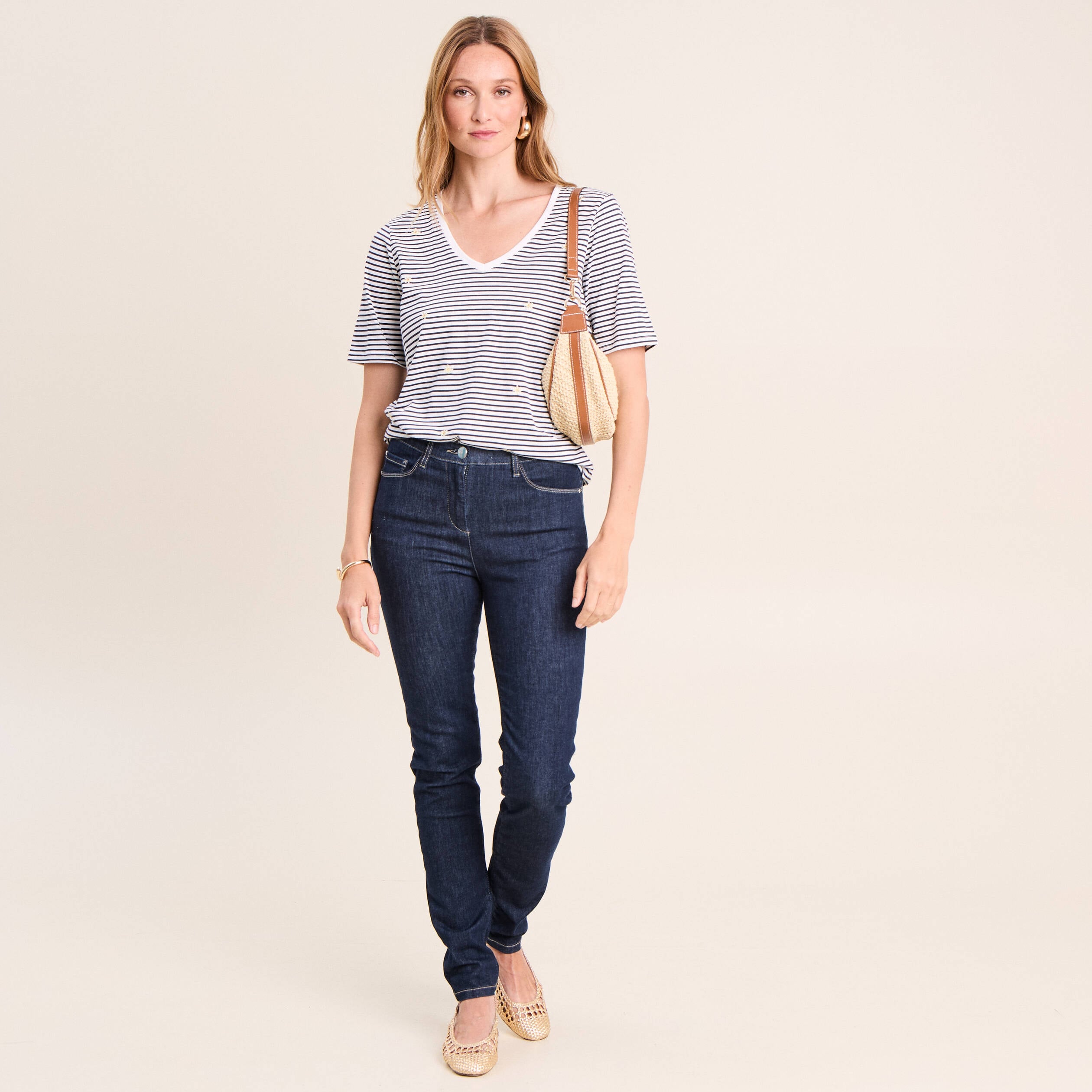 T-shirt droit broderie manches courtes bleu femme