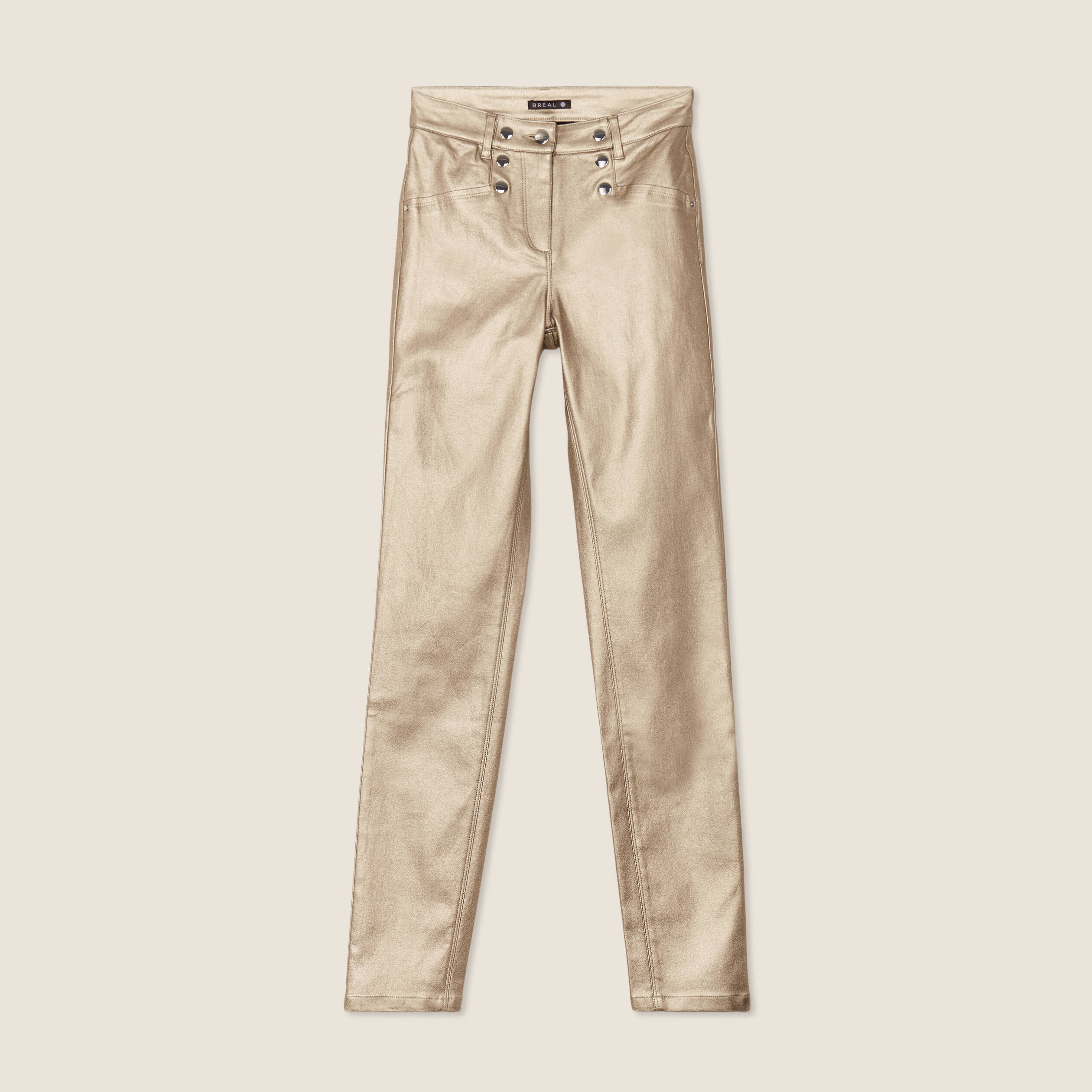 Pantalon ajust&eacute; enduit &agrave; pont taupe femme