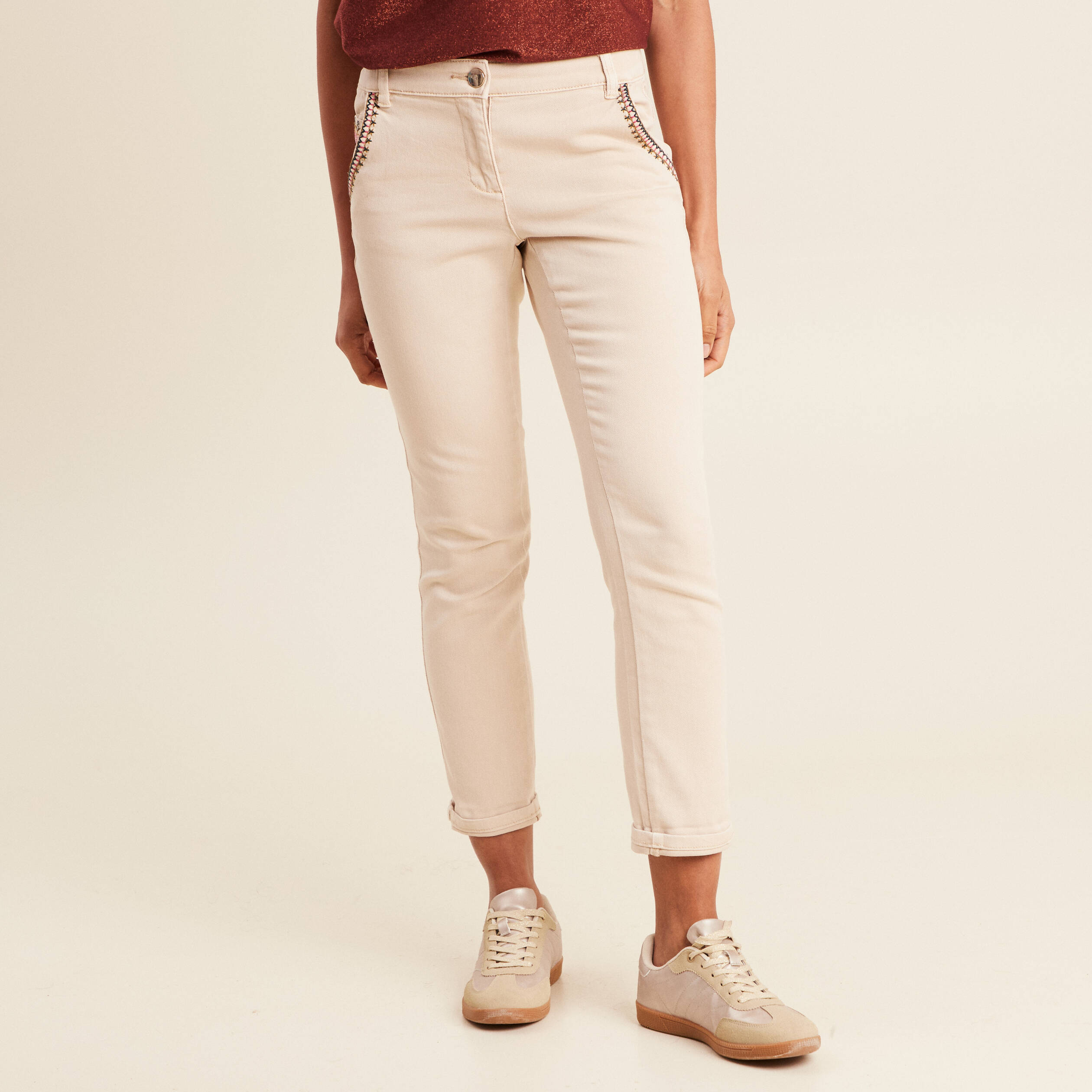 pantalon chino brode 78eme denim beige femme Pantalon chino brodé 7/8ème denim beige femme