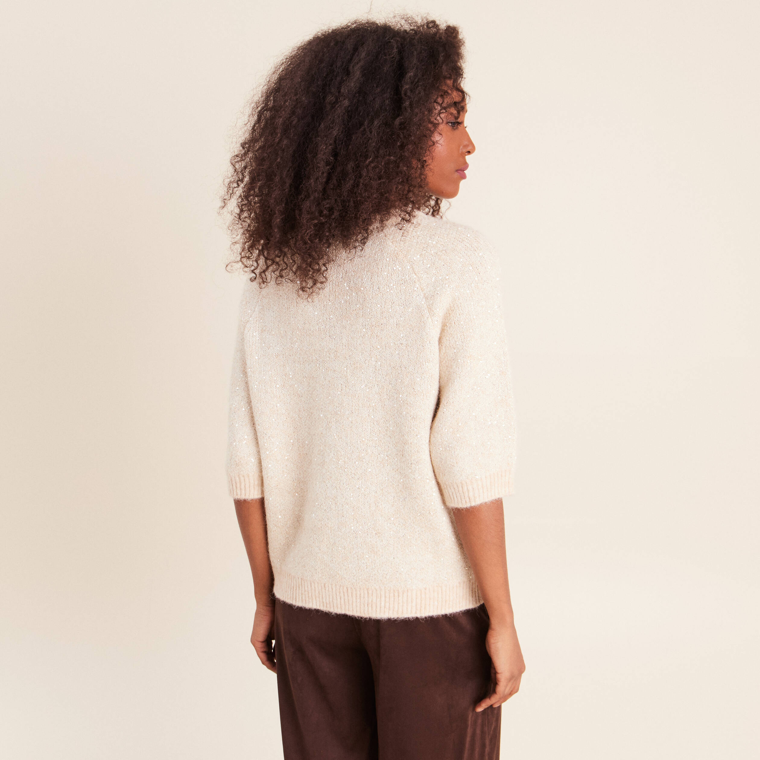 Pull col rond &agrave; sequins beige femme