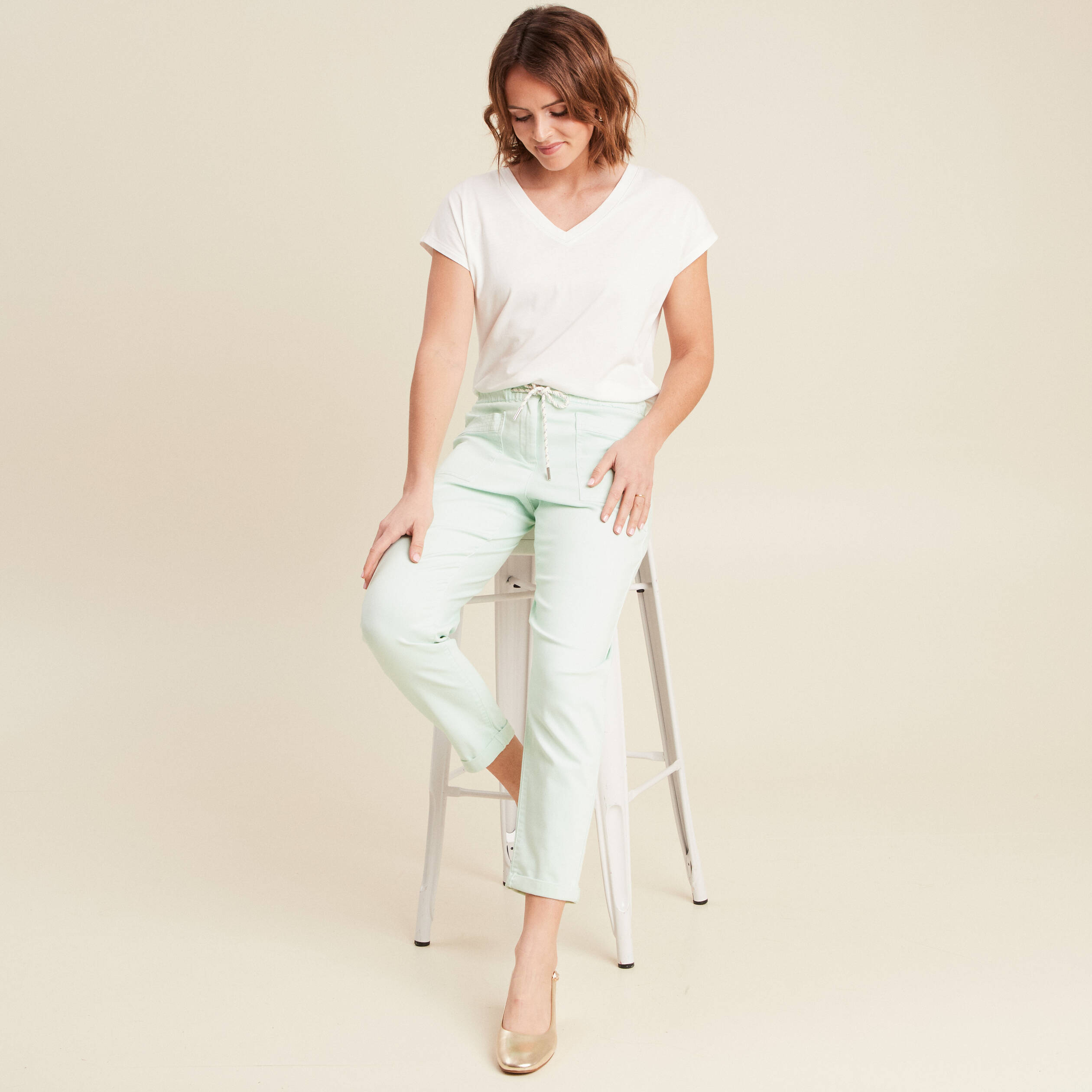 pantalon coupe droite a coulisse vert clair femme Pantalon coupe droite à coulisse vert clair femme