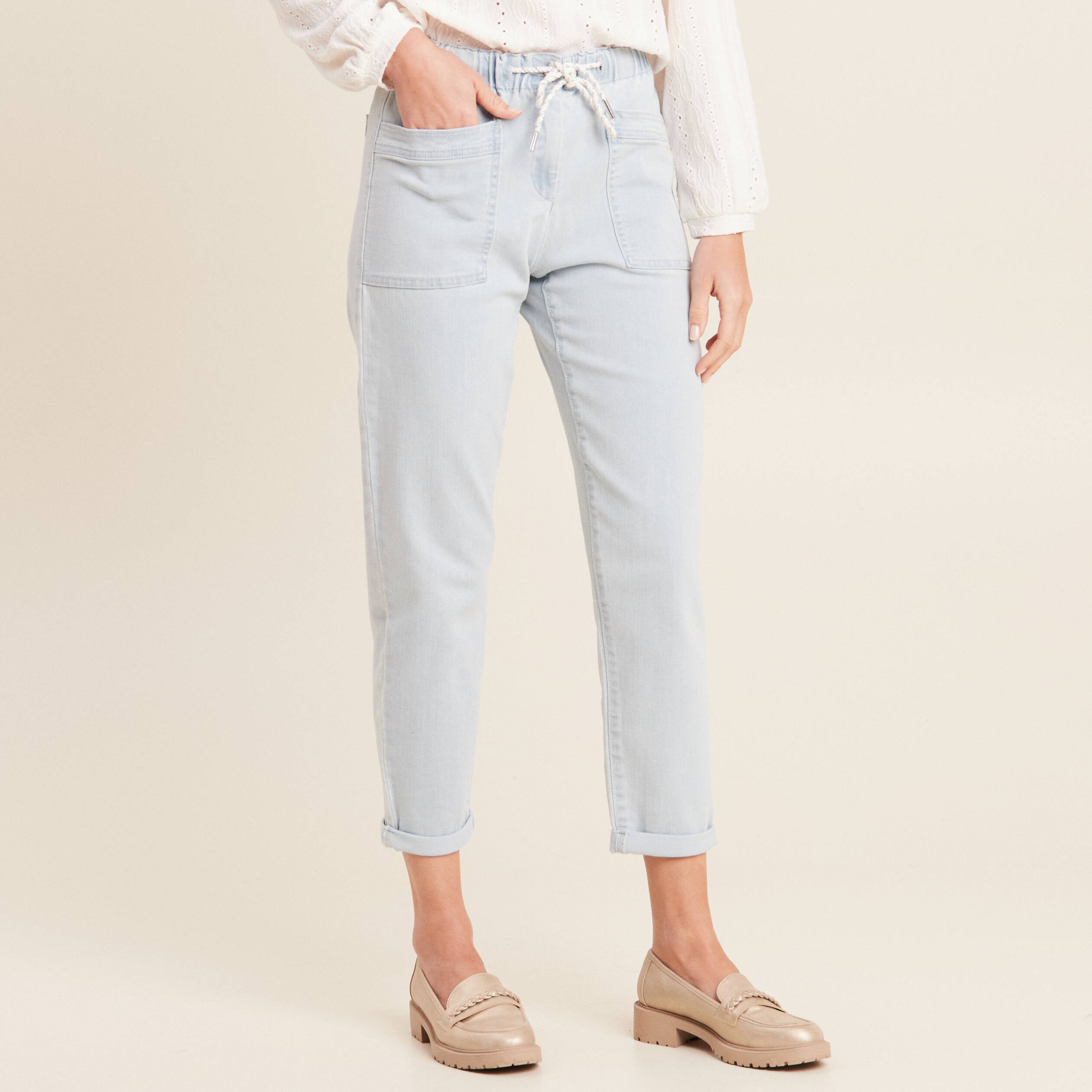 jean large a coulisse denim bleach femme Jean large à coulisse denim bleach femme