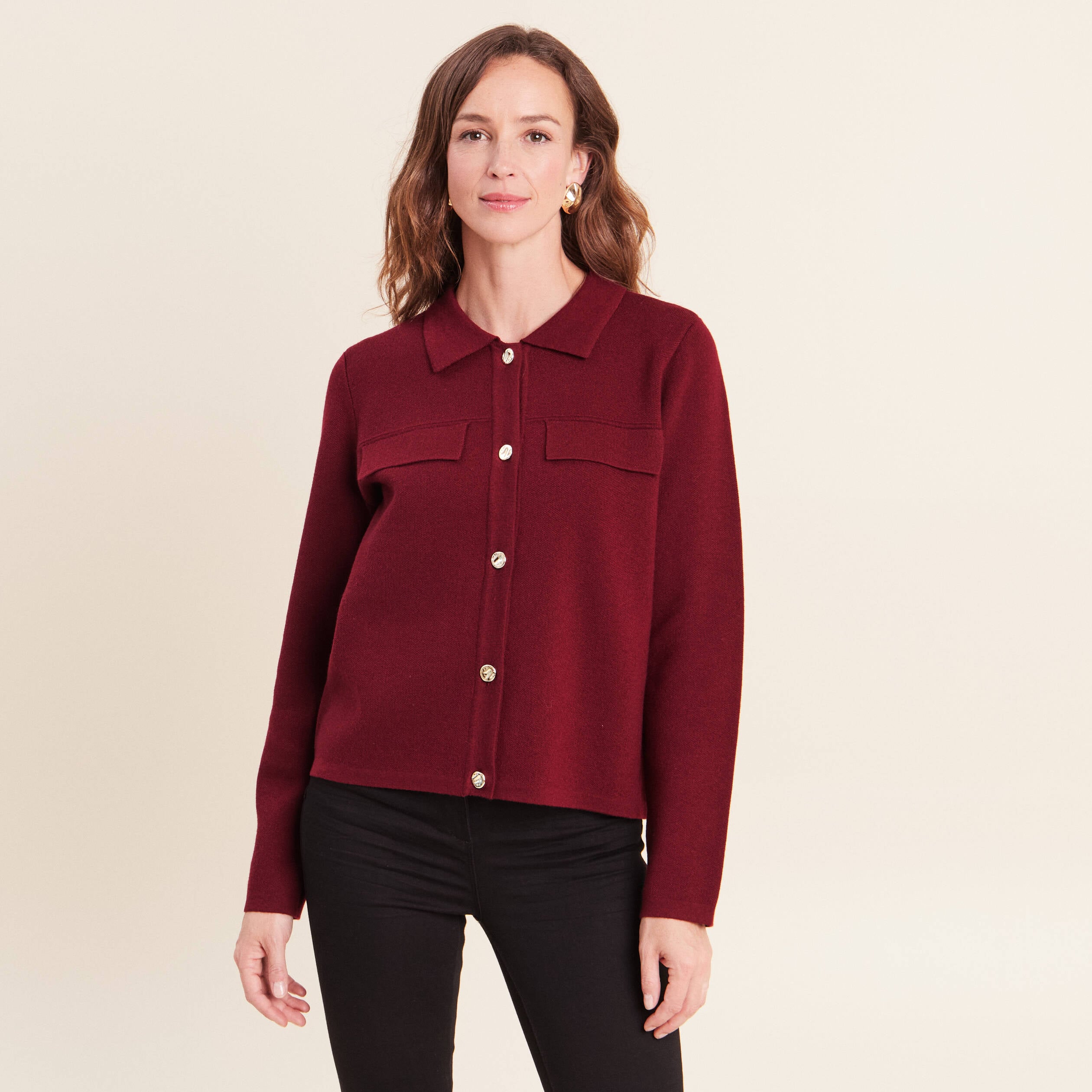 Gilet col chemise manches longues bordeaux femme