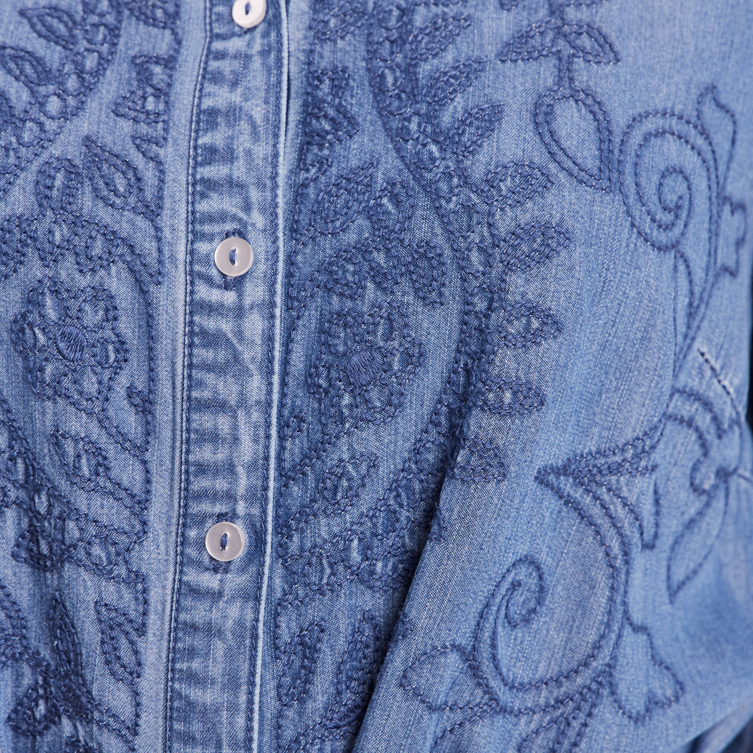 Robe courte &eacute;vas&eacute;e manches 3/4 brod&eacute;e denim double stone femme