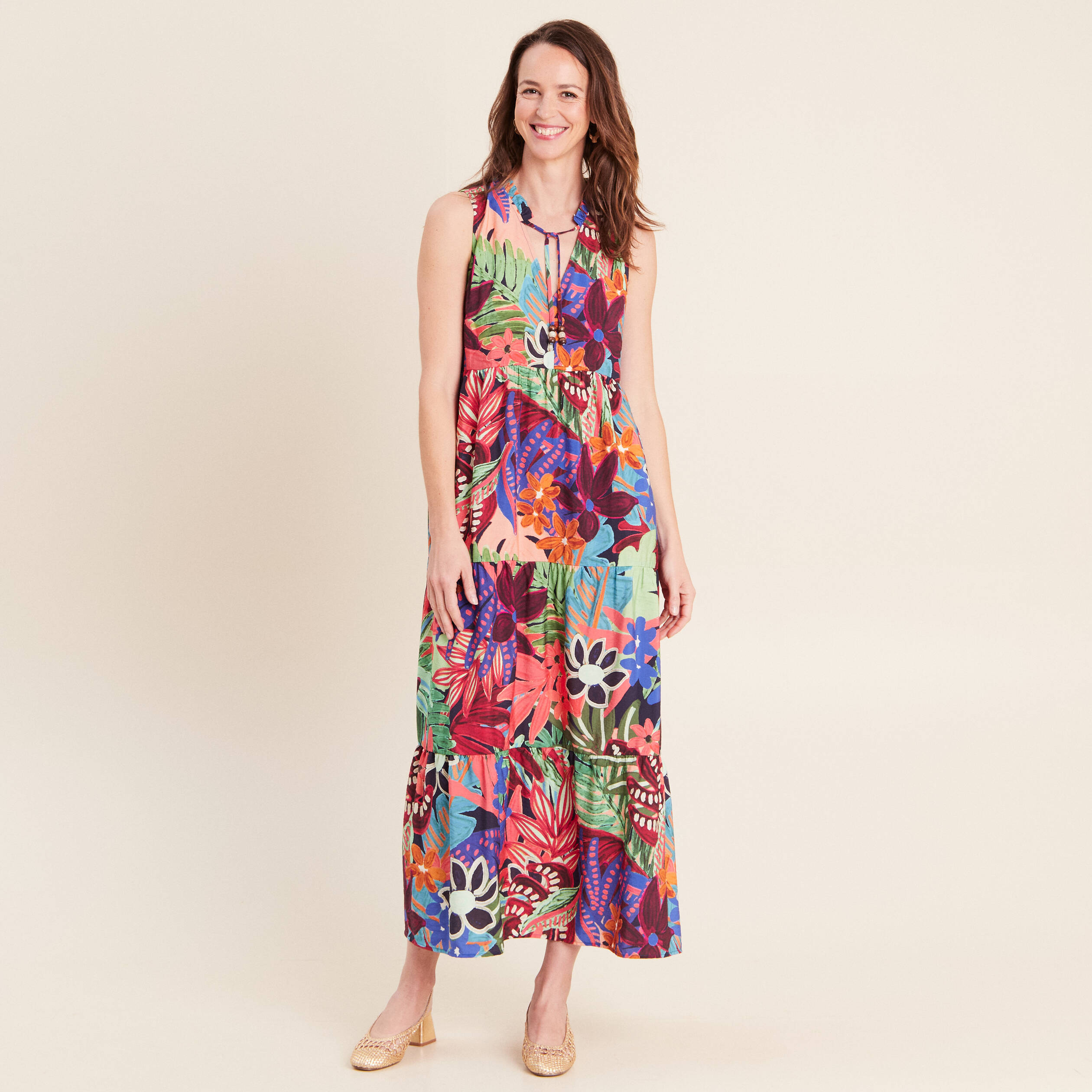 Robe longue &eacute;vas&eacute;e sans manches multicolore femme
