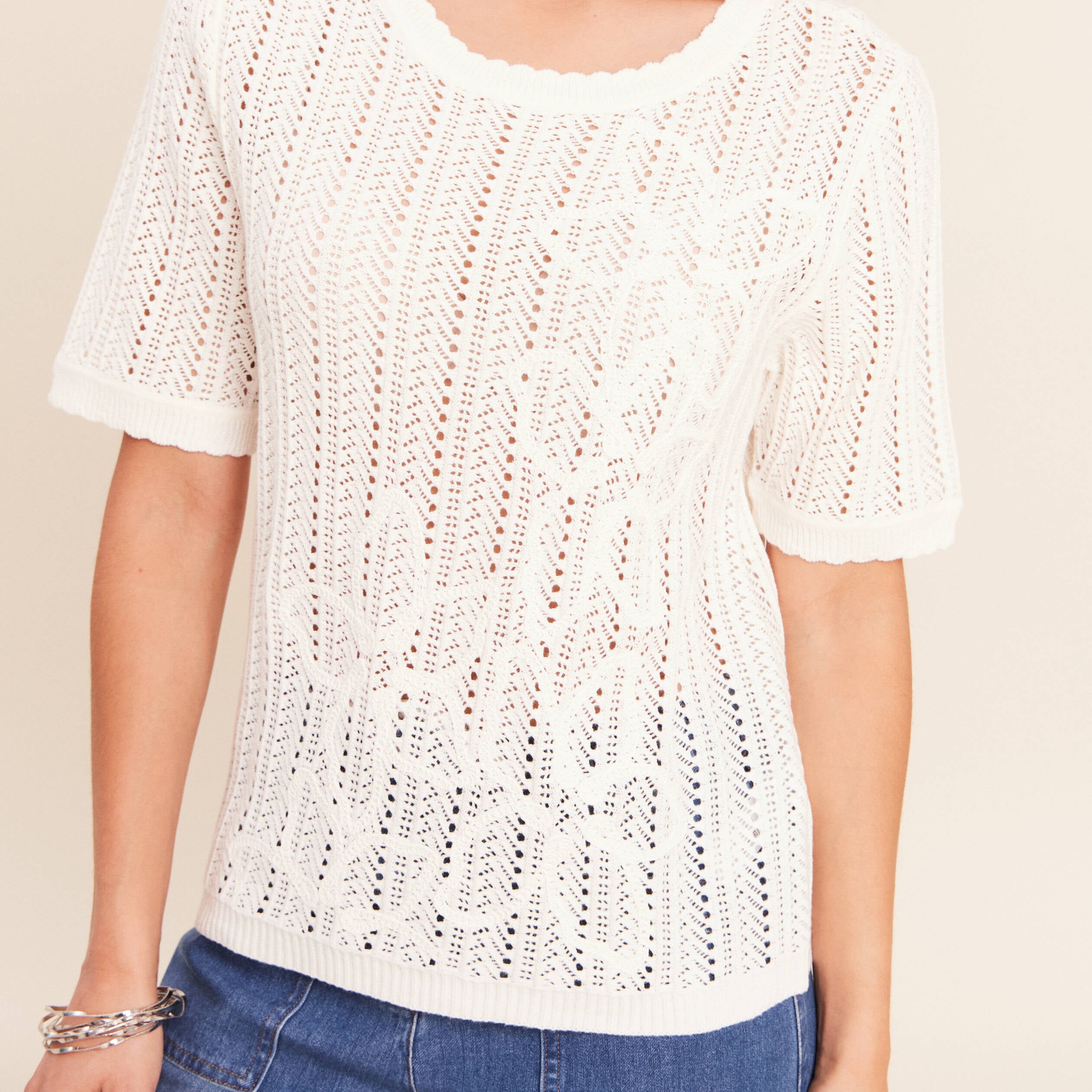 Pull ajour&eacute; col rond ecru femme