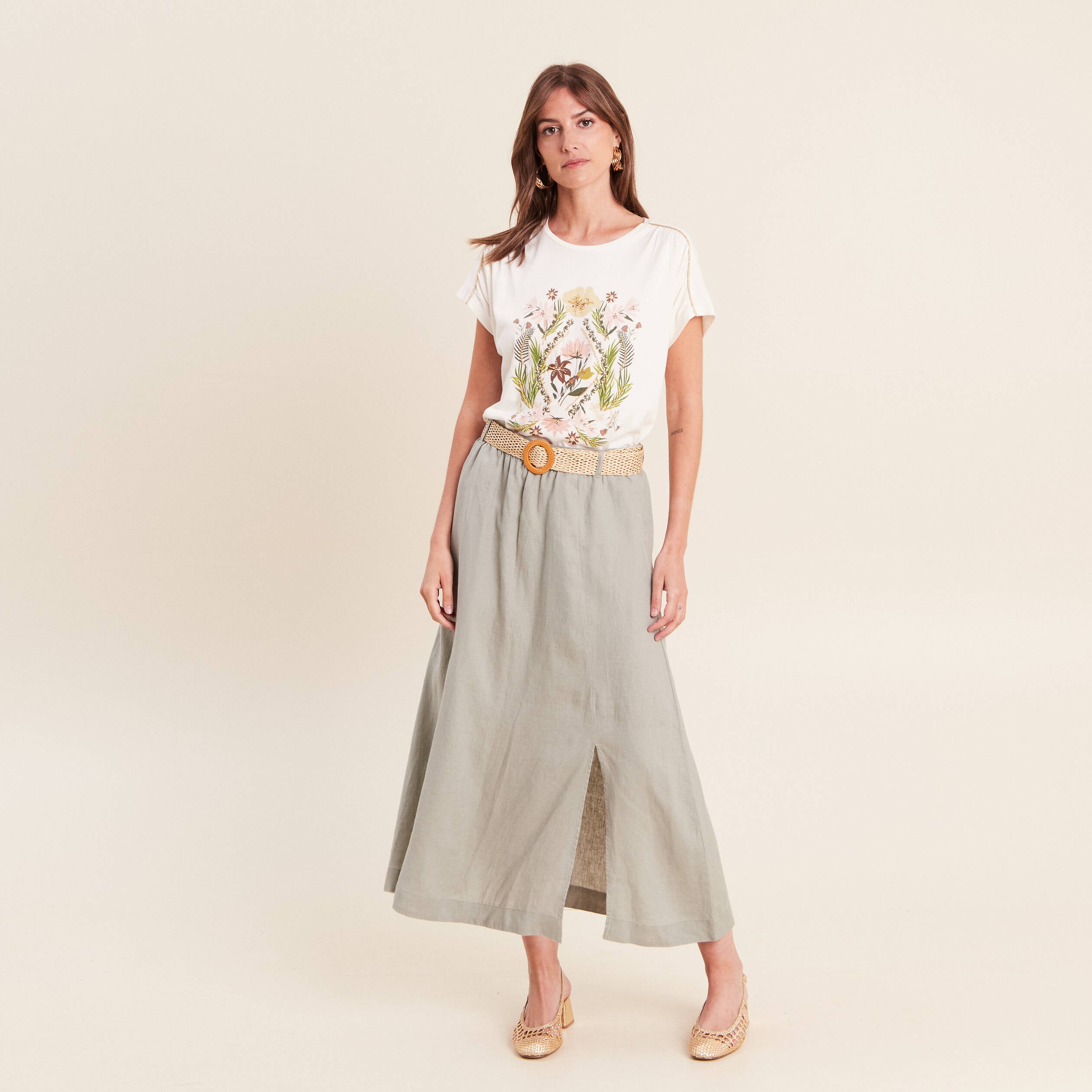 Jupe aspect lin avec ceinture amovible vert clair femme