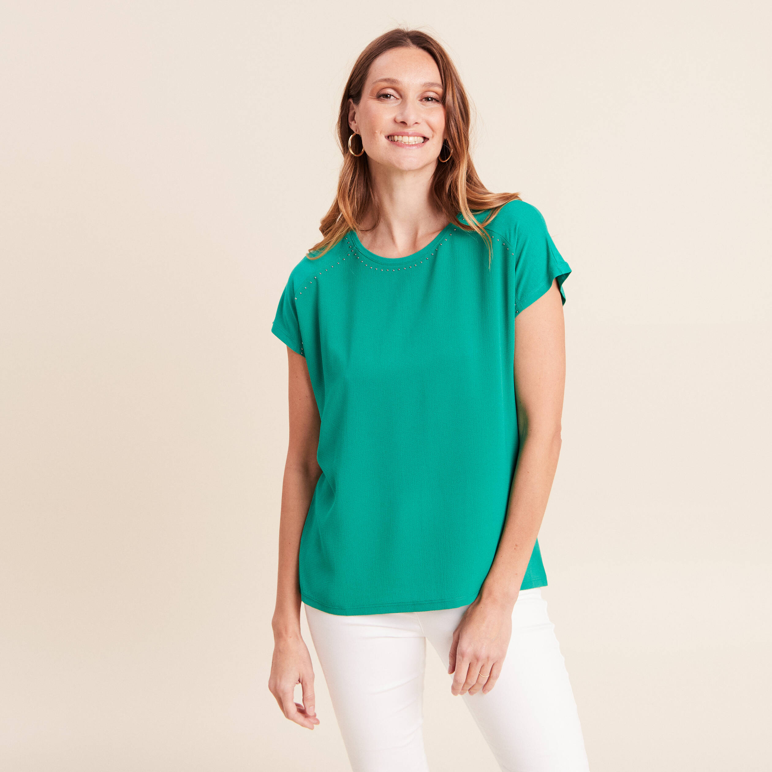T-shirt bi-mati&egrave;re manches courtes vert menthe femme