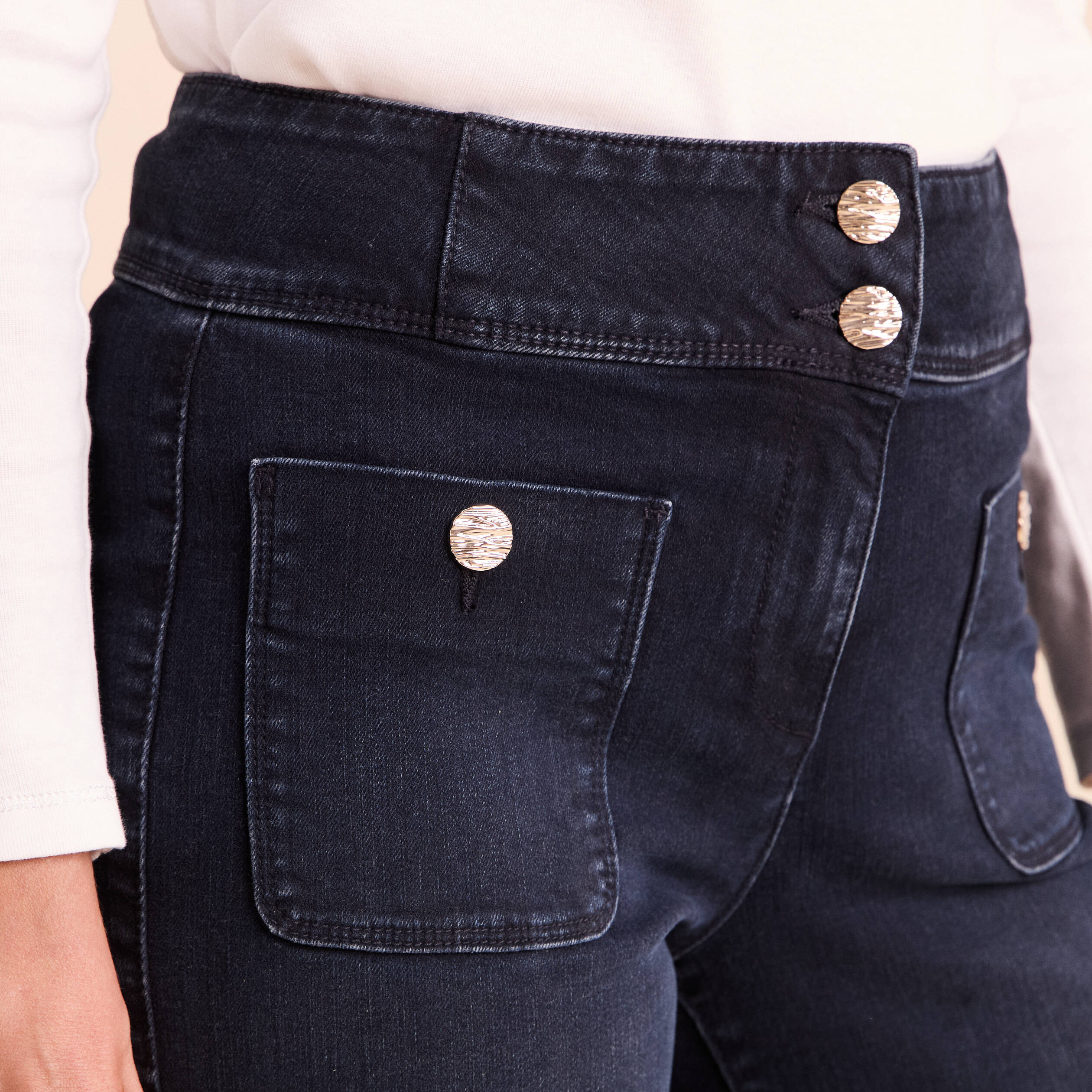Jean coupe bootcut taille haute denim blue black femme