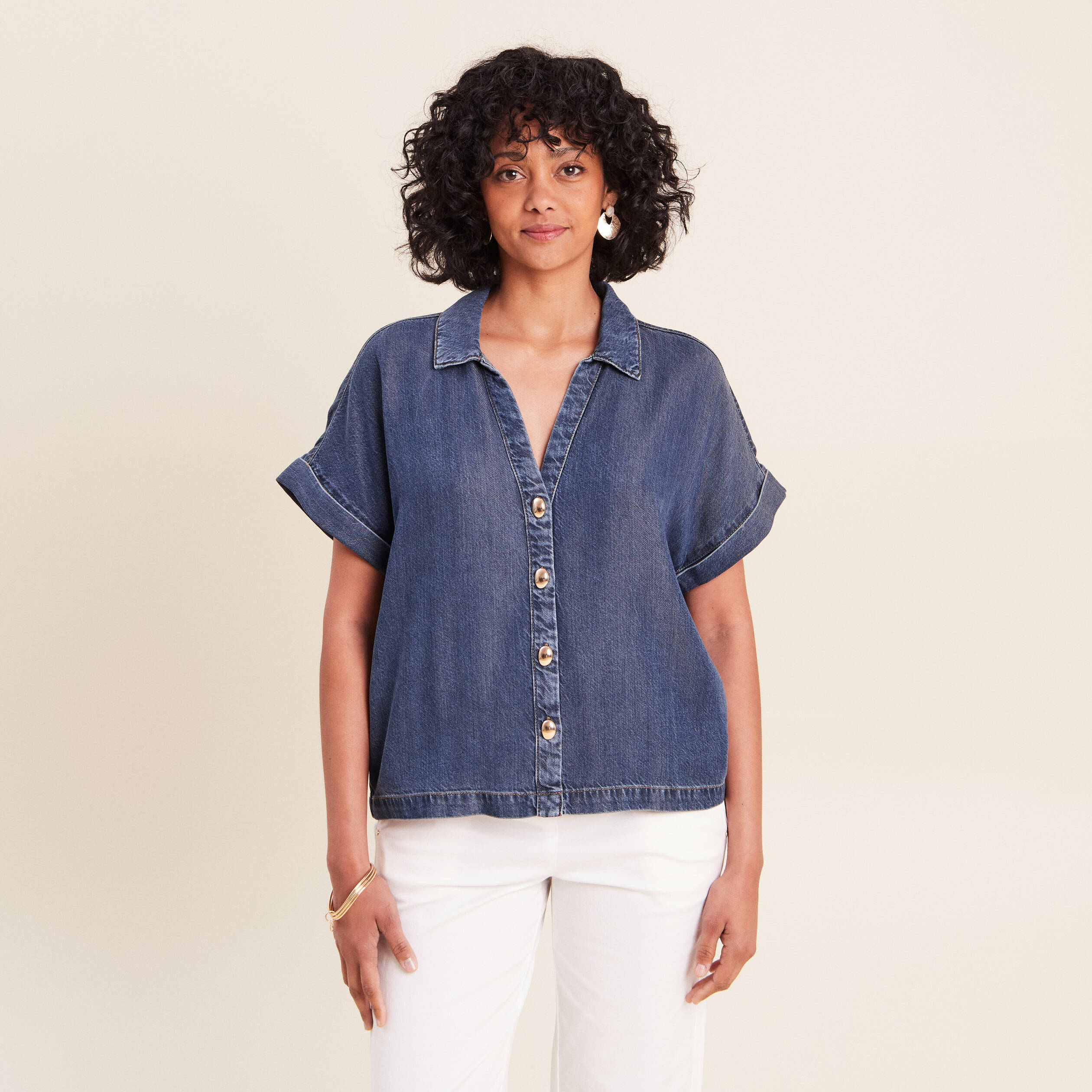 Chemise col chemise manches courtes denim double stone femme