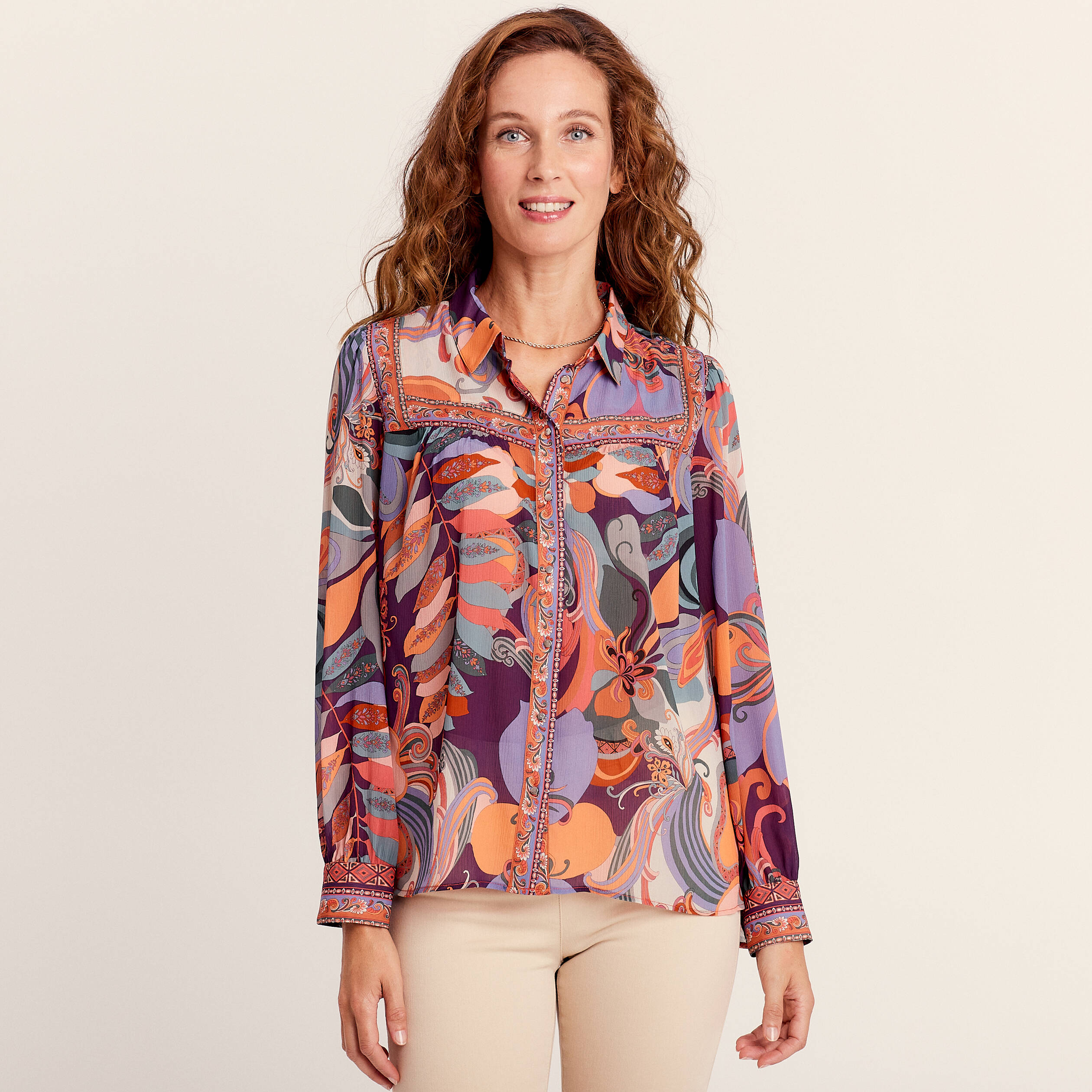 chemise manches longues fluide orange femme Chemise manches longues fluide orange femme