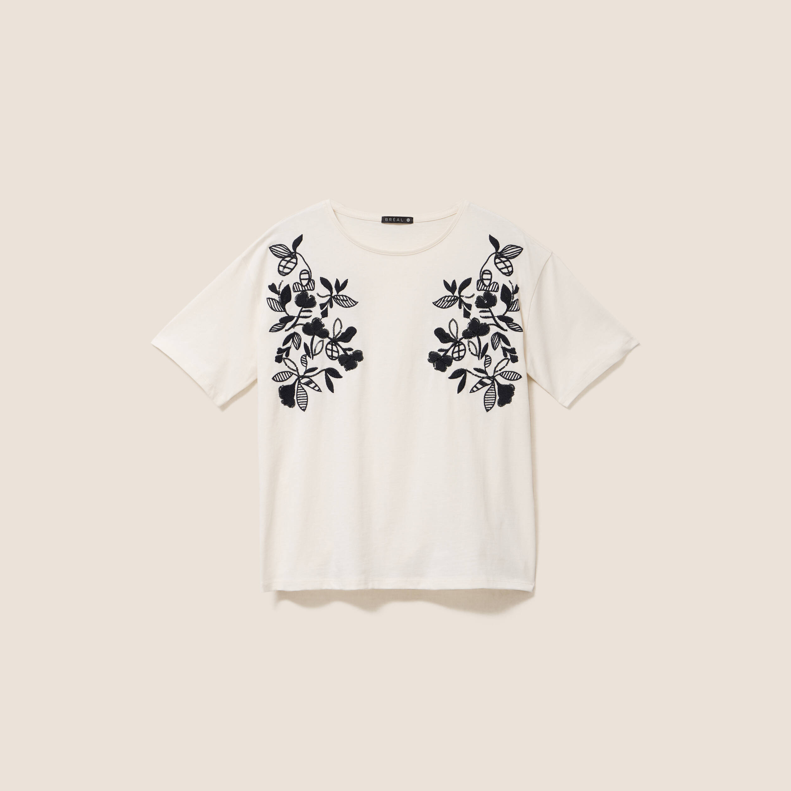 T-shirt ample col rond brod&eacute; ecru femme