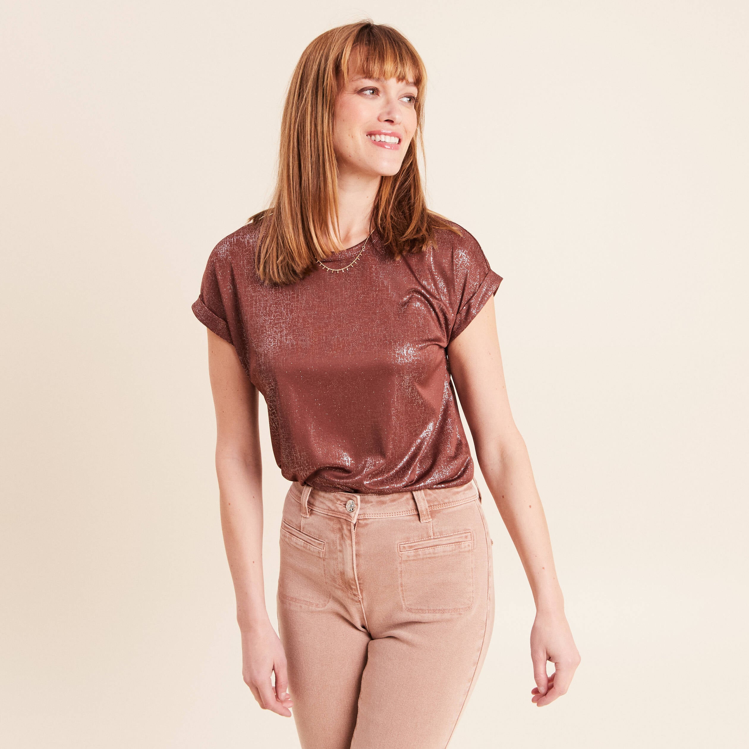 T-shirt manches courtes marron femme