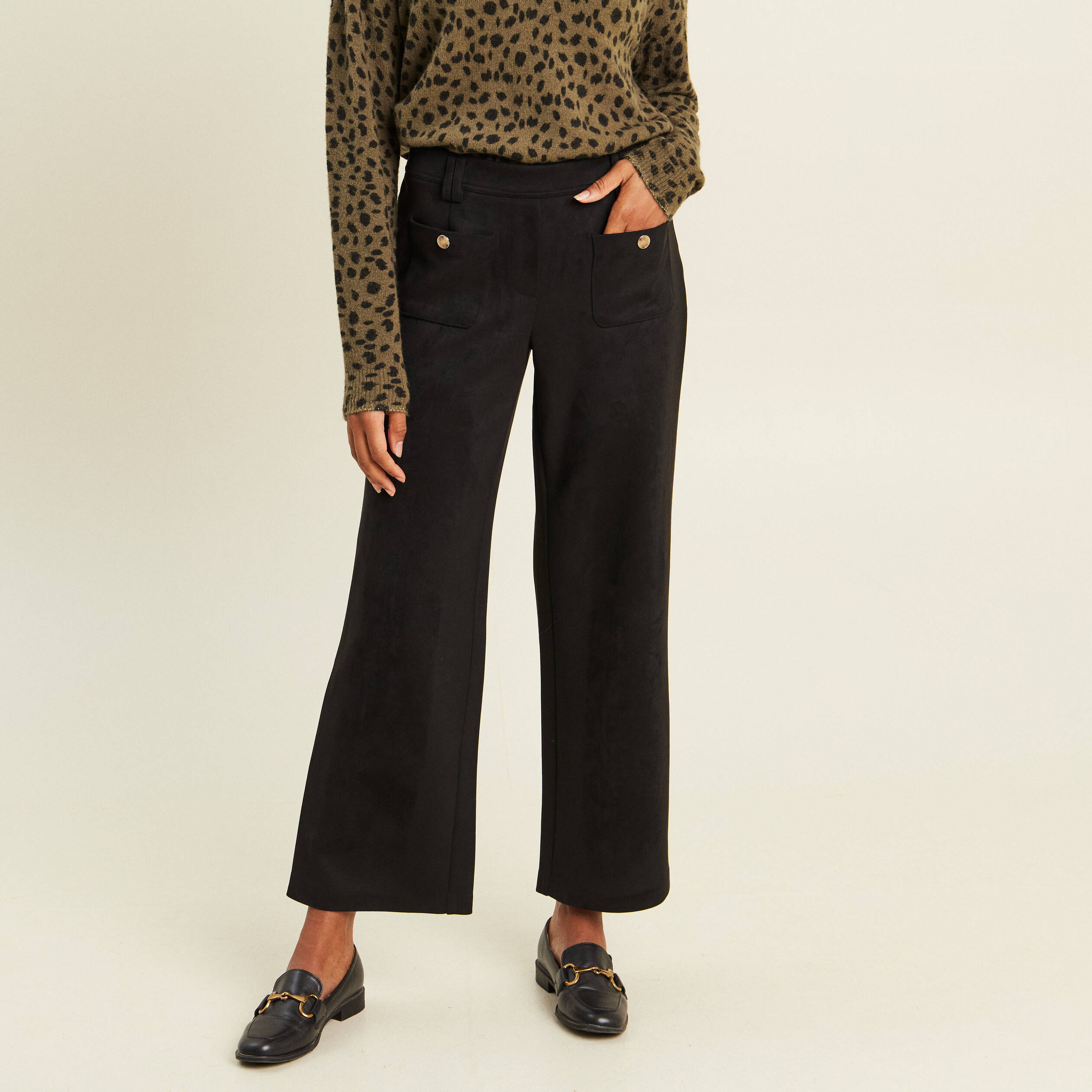 Pantalon aspect daim noir femme