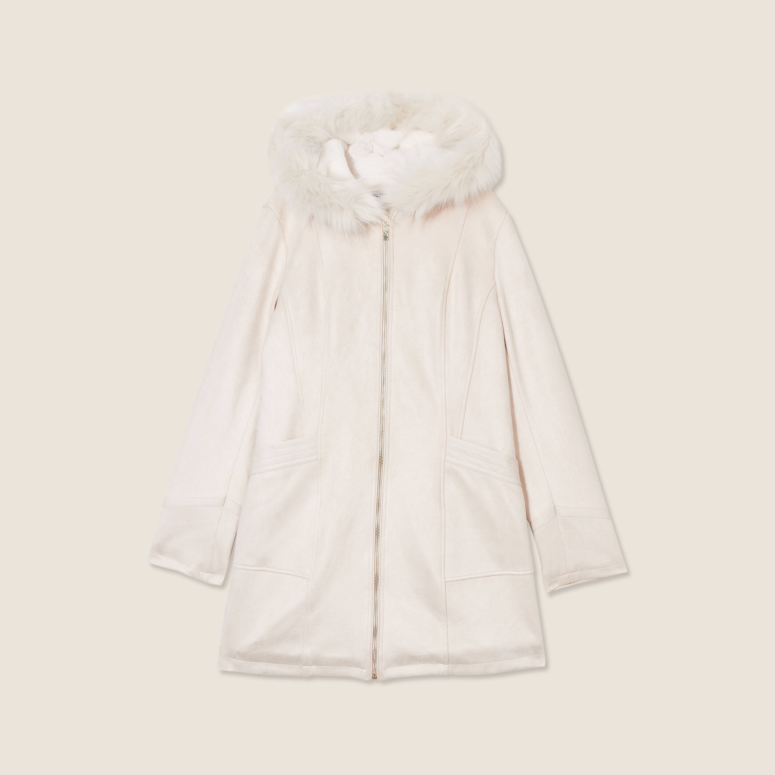 Manteau su&eacute;dine &agrave; capuche creme femme