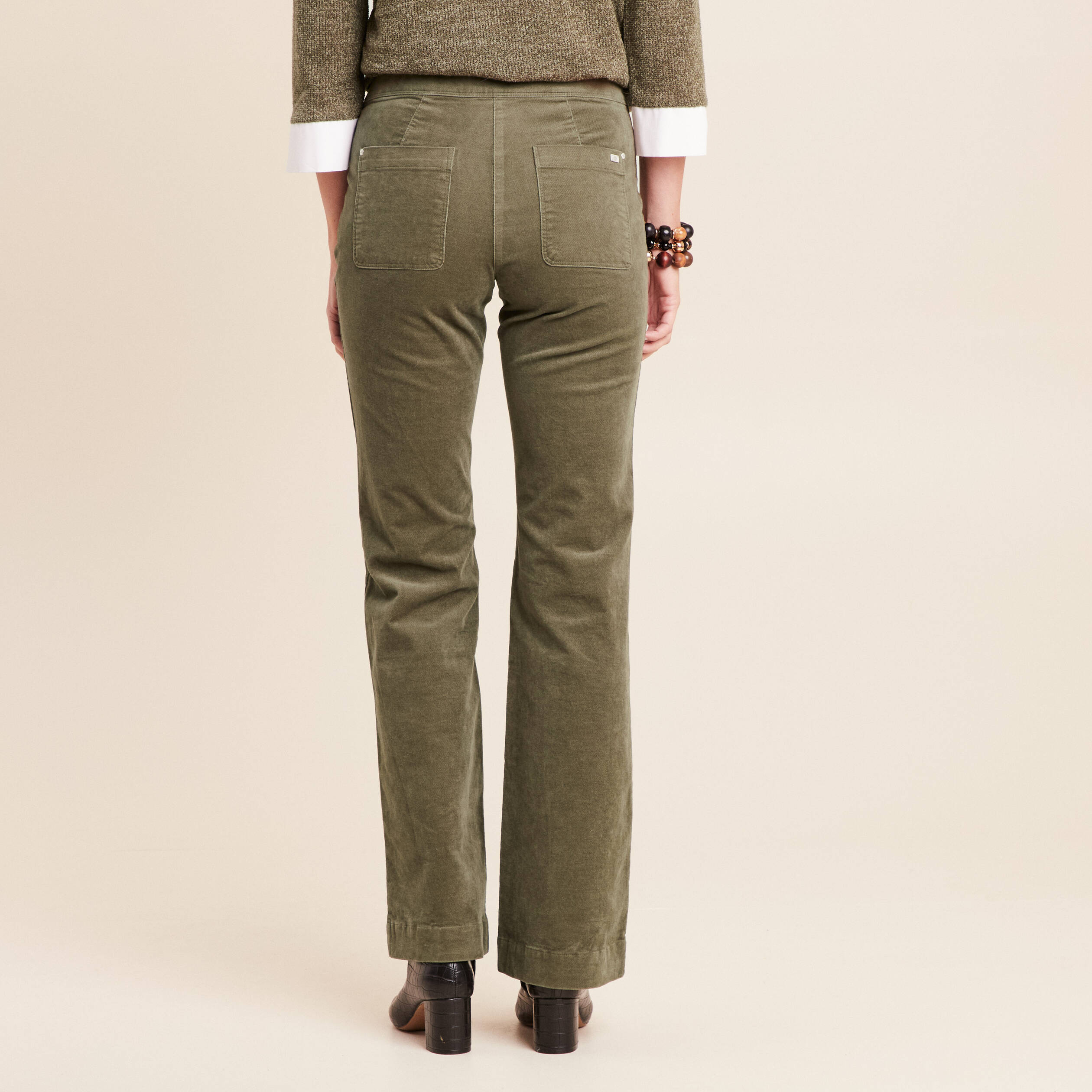 Pantalon bootcut taille haute velours vert kaki femme