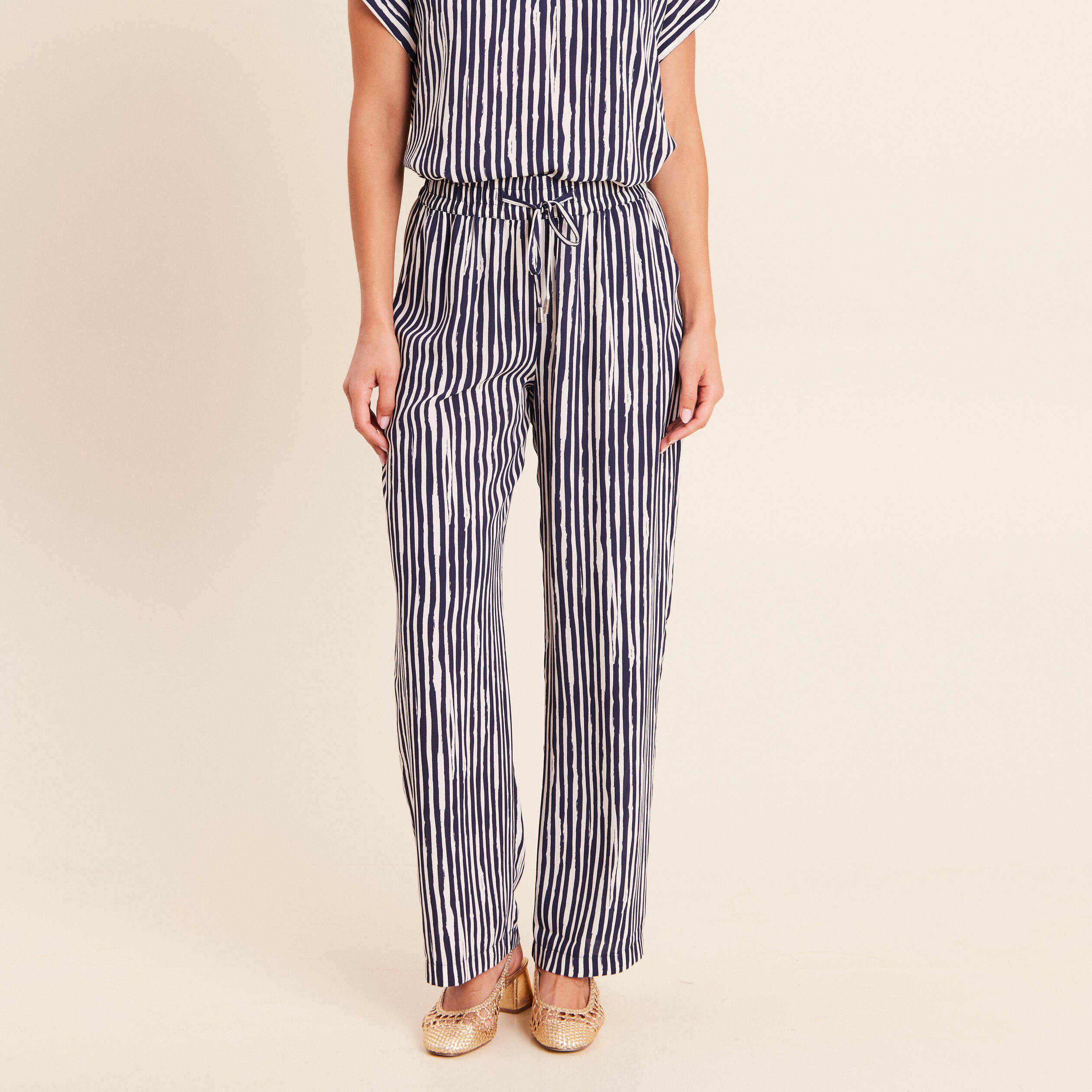 Pantalon large taille haute blanc femme