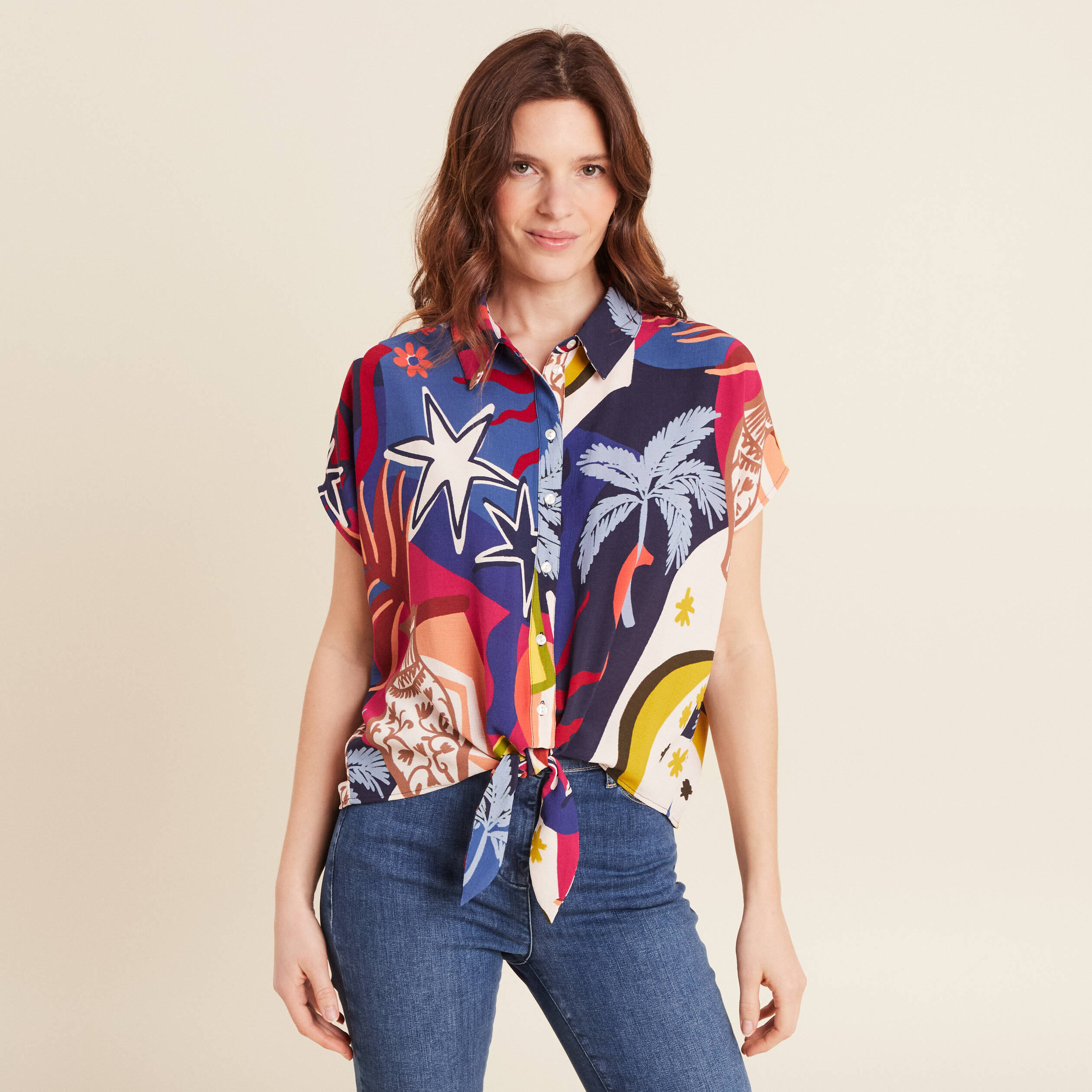 Chemise manches courtes nou&eacute;e bleu femme