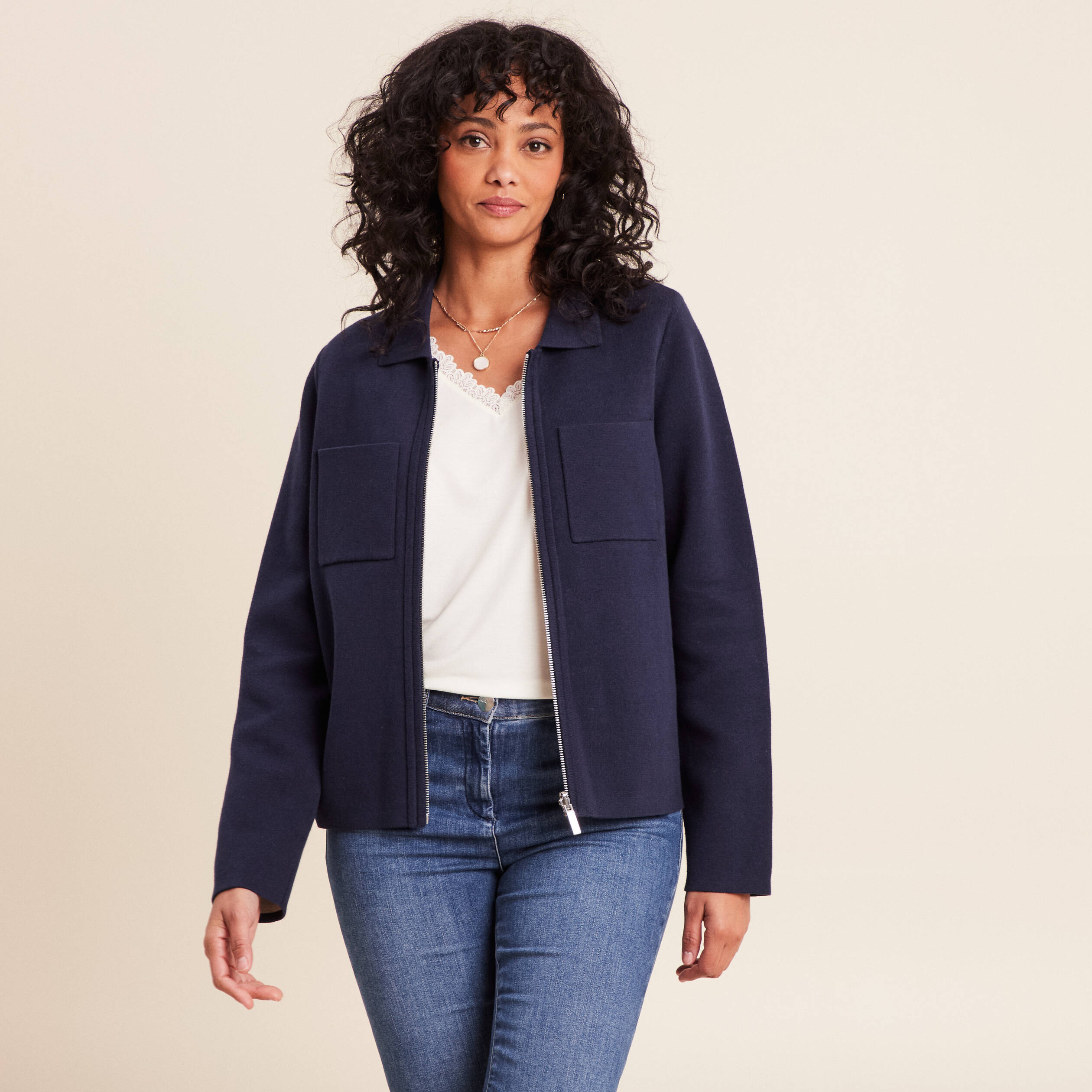 Gilet r&eacute;versible manches longues bleu femme