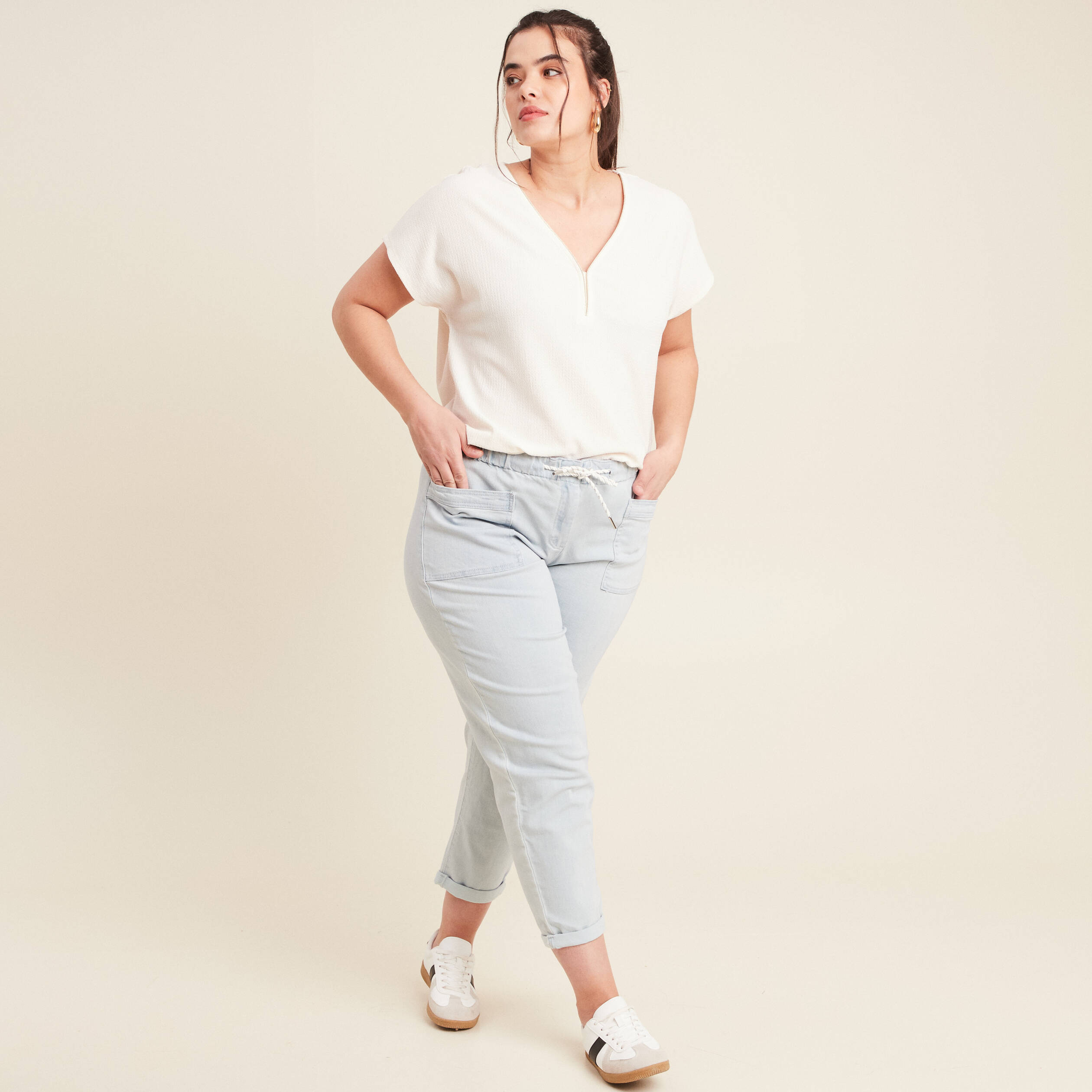 jean large a coulisse denim bleach femme Jean large à coulisse denim bleach femme