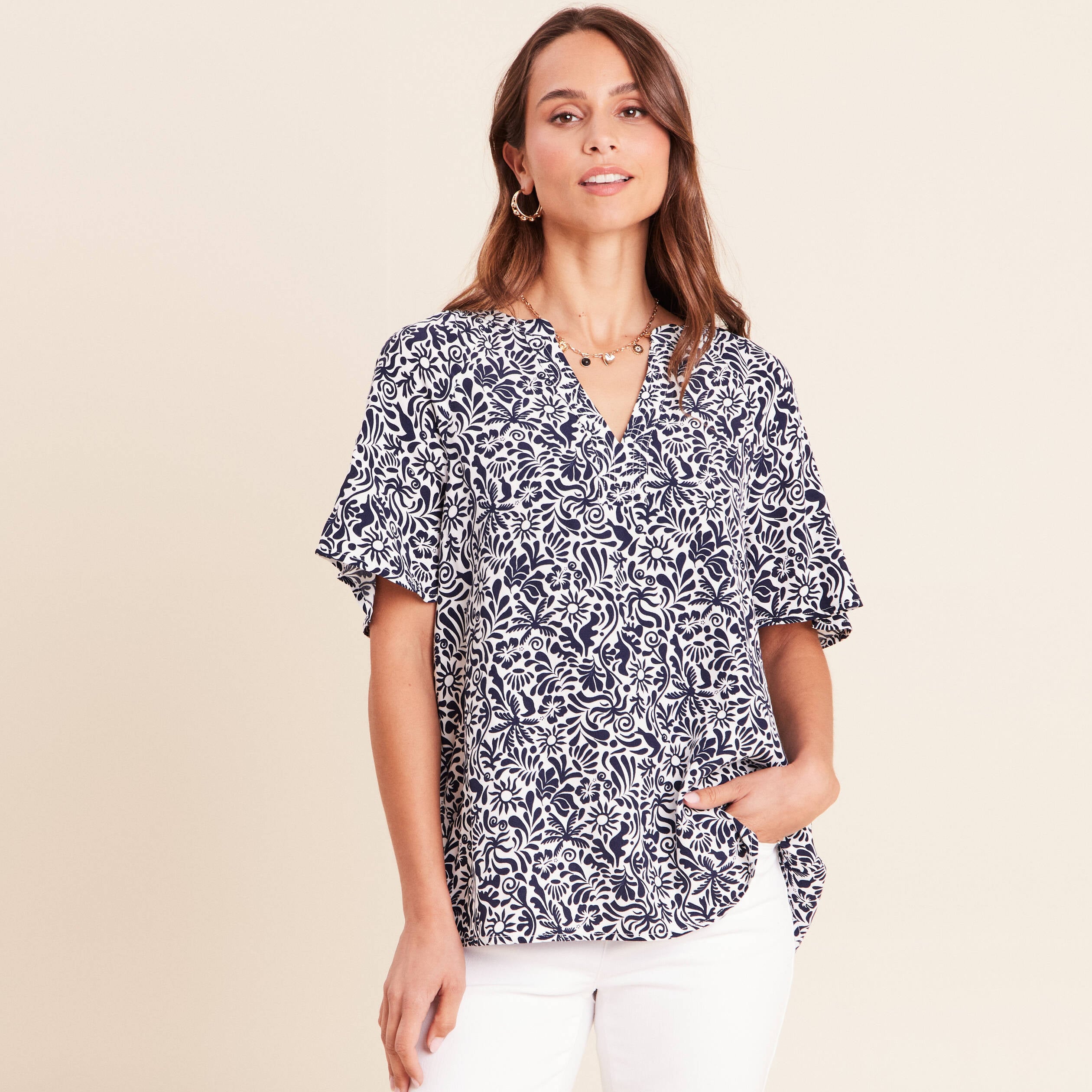Blouse ample manches courtes fluide bleu femme